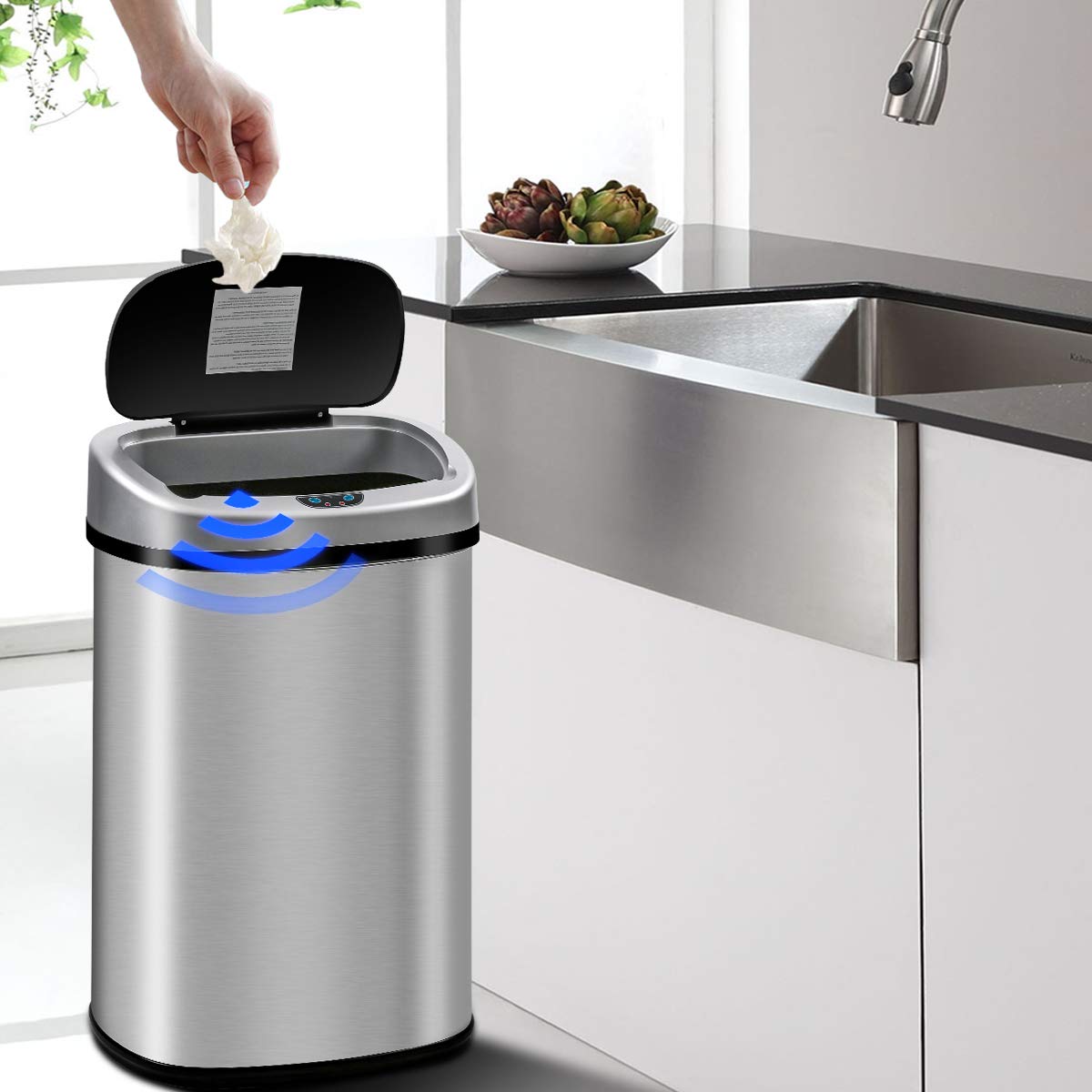 Stainless Steel 13 Gallon Automatic Sensor Trash Can with Lid - Touch-Free 50 Liter Large Capacity Kitchen Garbage Bin for Home, Bathroom, Office & Bedroom - Perfect for Hands-Free Waste Disposal & Hygiene Maintenance