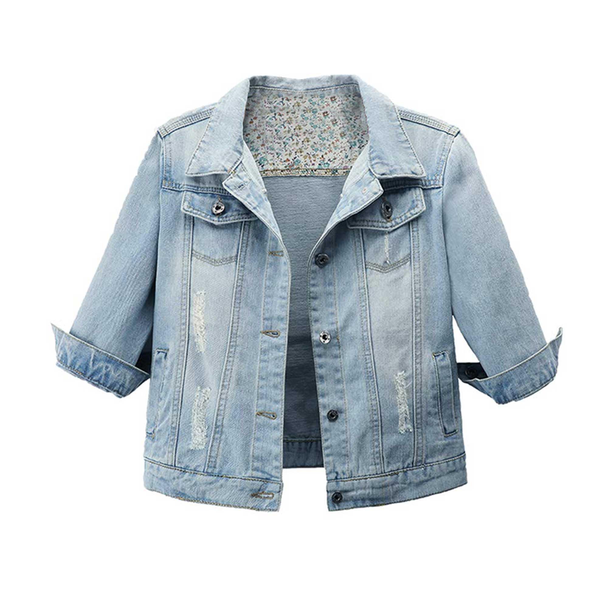 Vintage Light Blue Denim Jacket for Women - 3/4 Sleeve Retro Jean Coat | Fall Fashion Outerwear for Casual Outings & Date Nights