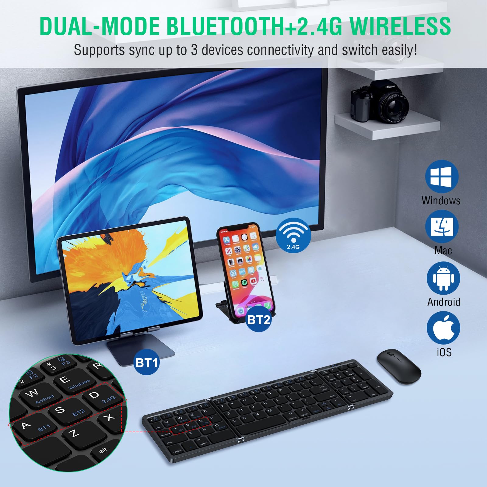 Foldable Wireless Keyboard and Mouse Combo - EDJO Portable 2.4G+Bluetooth Rechargeable Keyboard Mouse Set with Carrying Case for Windows/Mac/iOS/Android - Perfect for Travel, Office & Home Use with Laptop/PC/Tablet