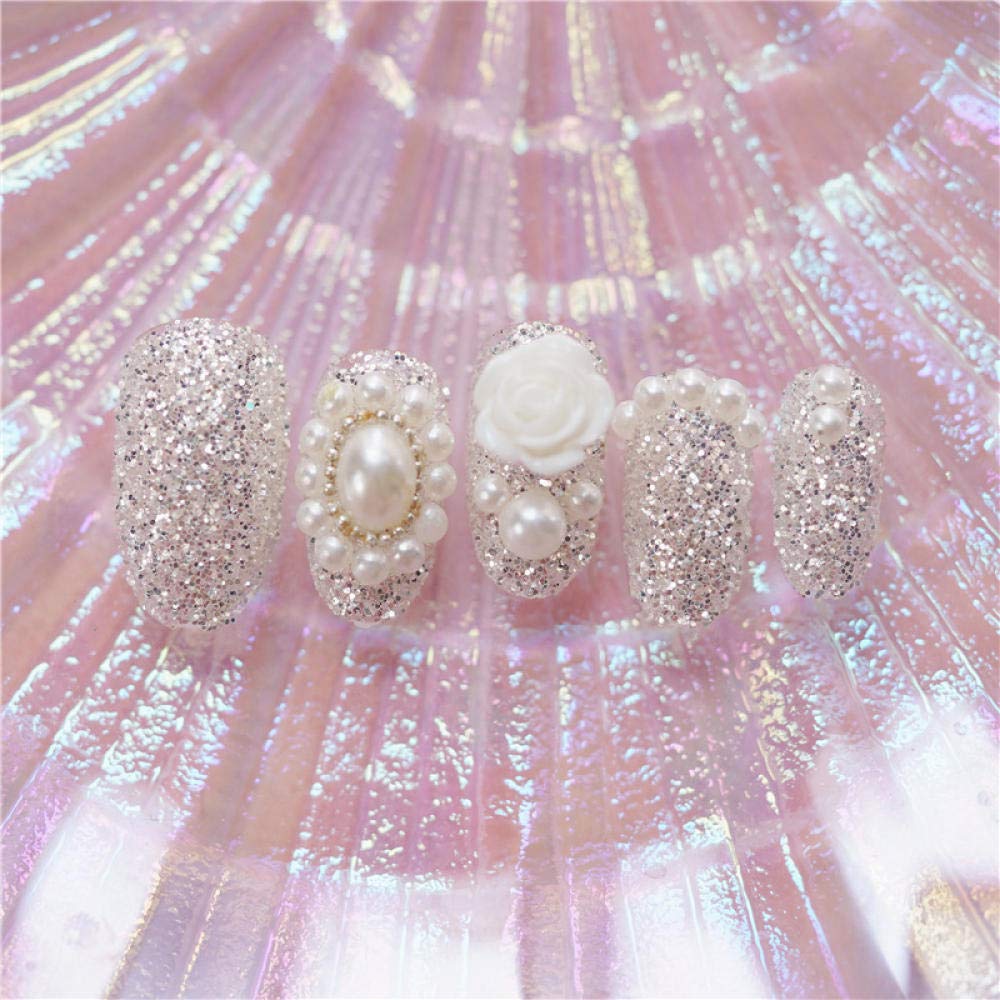 24PCS HUJL False Nails Set - Round Silver Fake Nails with White Flower Pearl Applique for Bridal Wedding, Manicure, Party & Special Occasions