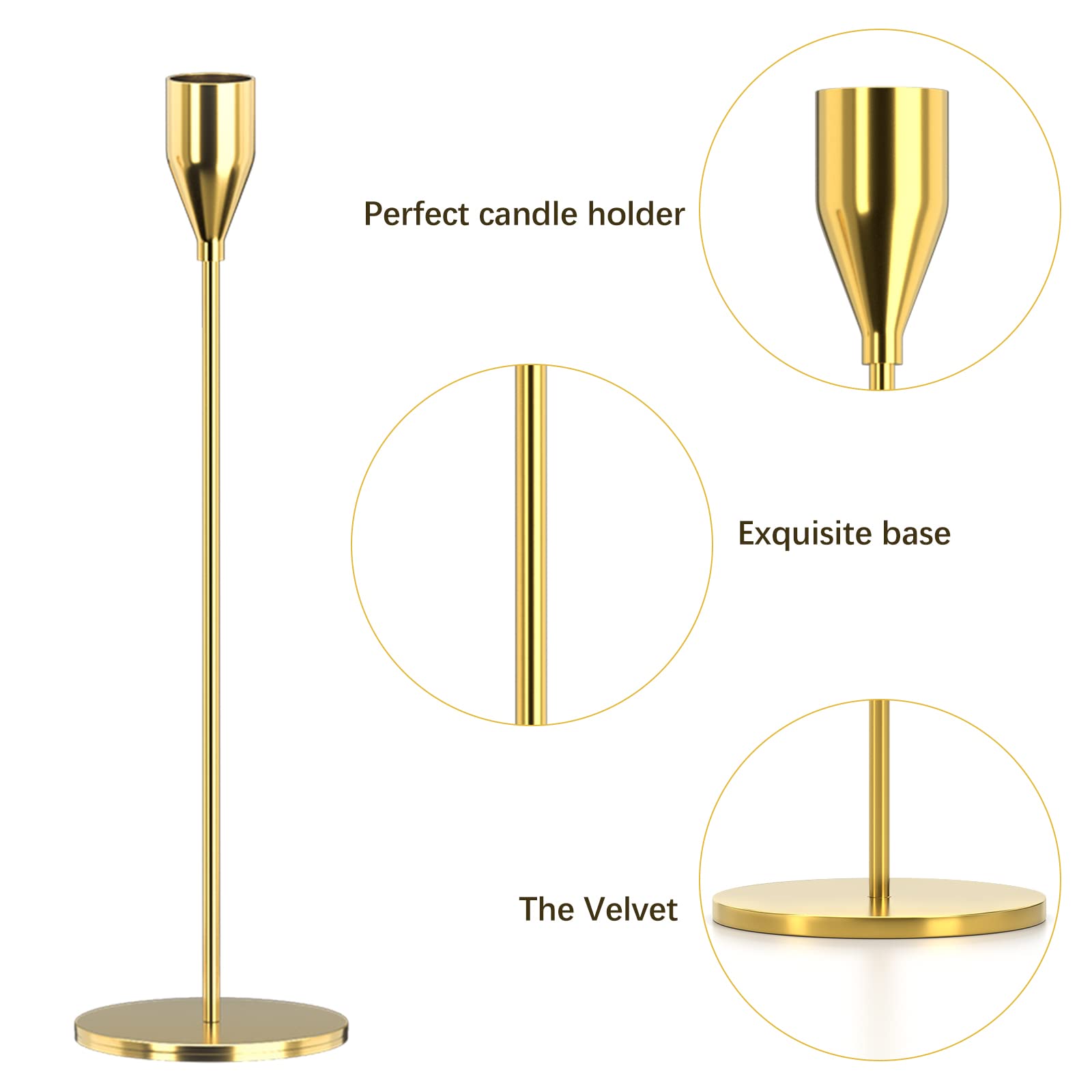 3-Piece Gold Metal Candle Holders Set for Taper Candles - Decorative Candlestick Stand Fits 3/4 Inch Thick Candles & LED Lights - Perfect for Weddings, Dining Tables, Parties & Home Decor