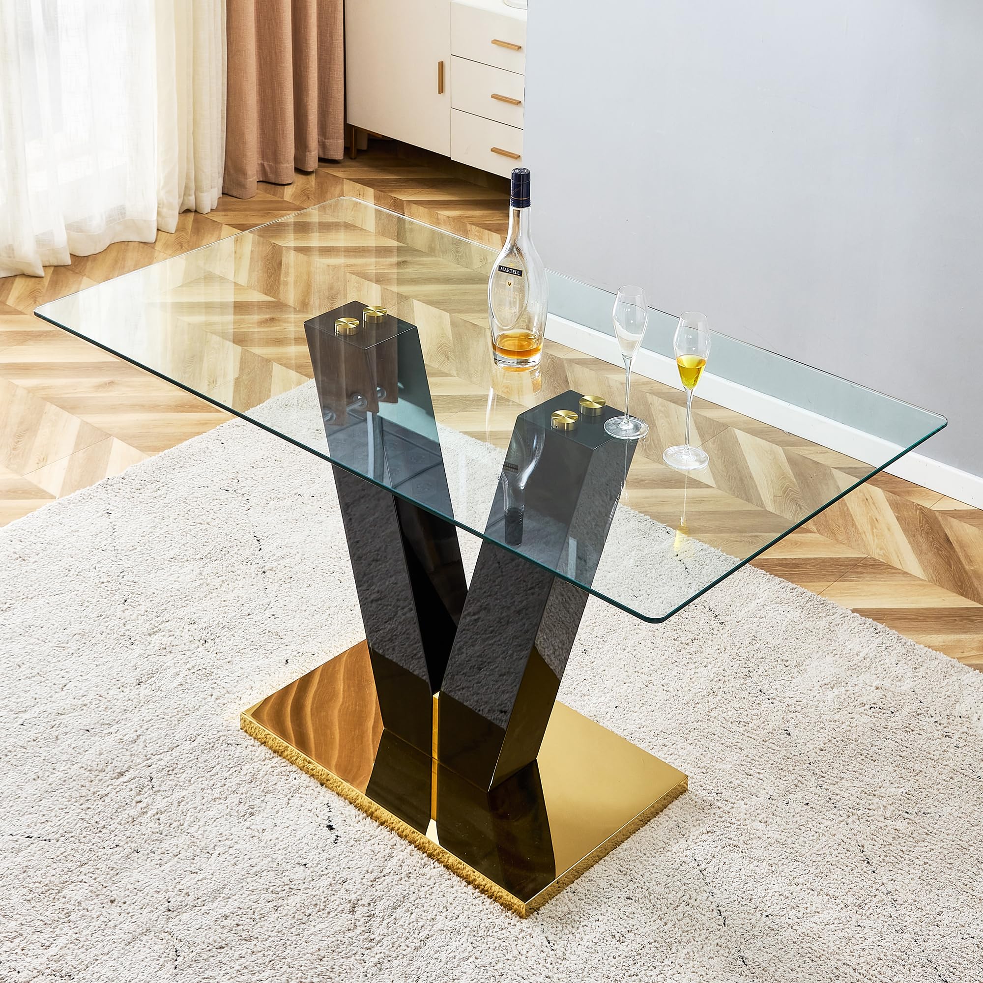 Modern Glass Bar Dining Table for 4-6 People, Rectangular Tempered Glass Kitchen Table with 0.39