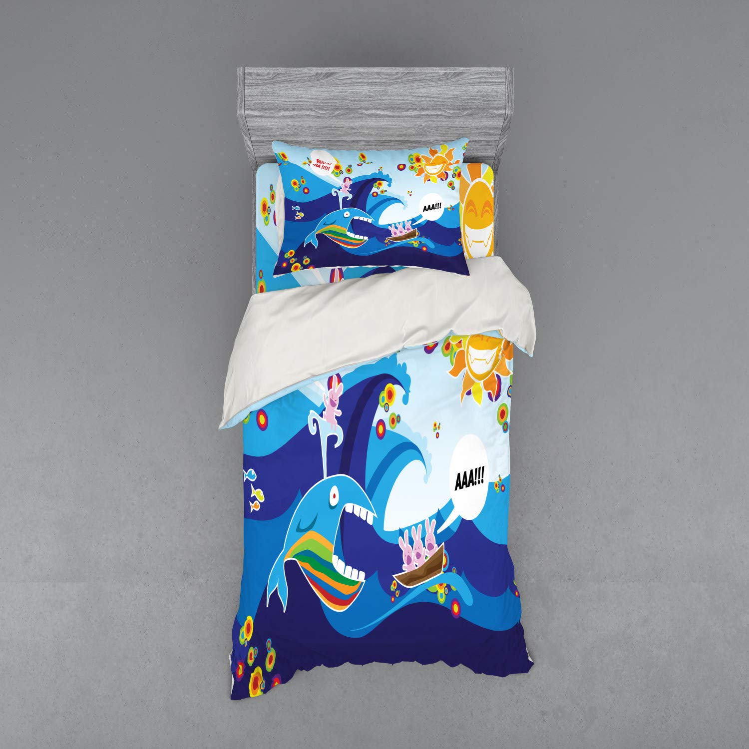 Ambesonne Whale Duvet Cover Set - Hand-Painted Cartoon Whale, Rabbit & Sun Design - 3-Piece Twin Size Bedding Set with Pillow Sham & Fitted Sheet - Vibrant Multicolor Kids' Room Decor for Boys & Girls Bedrooms