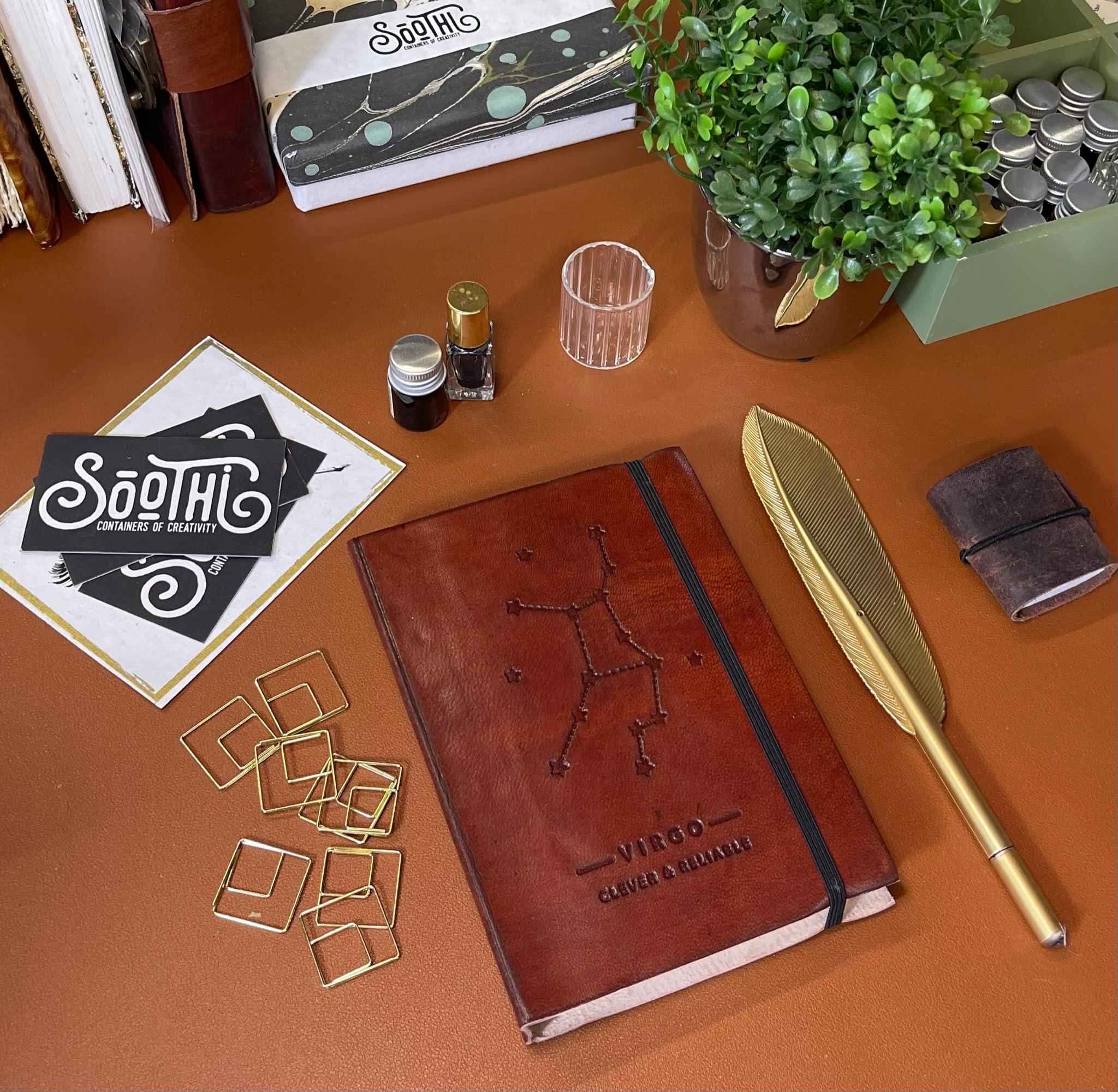 Soothi Personalized Zodiac Handmade Antique Leather Journal - Unlined Notebook for Travel, Diary & Writing - Virgo Constellation Design - 7