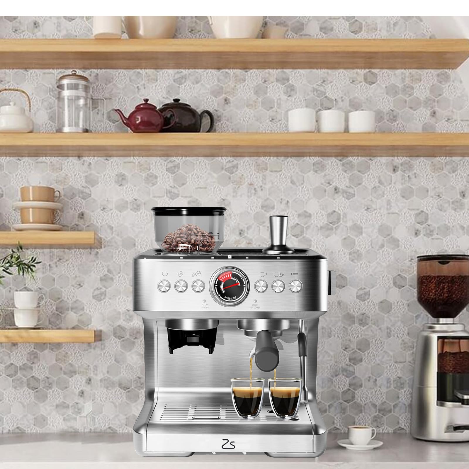 Premium Semi-Automatic Espresso Machine - 20 Bar Pressure Coffee Maker with 30 Grind Settings, Built-in Grinder, Milk Frother & Steam Wand - Removable Water Tank - Perfect for Espresso, Latte & Cappuccino at Home or Office