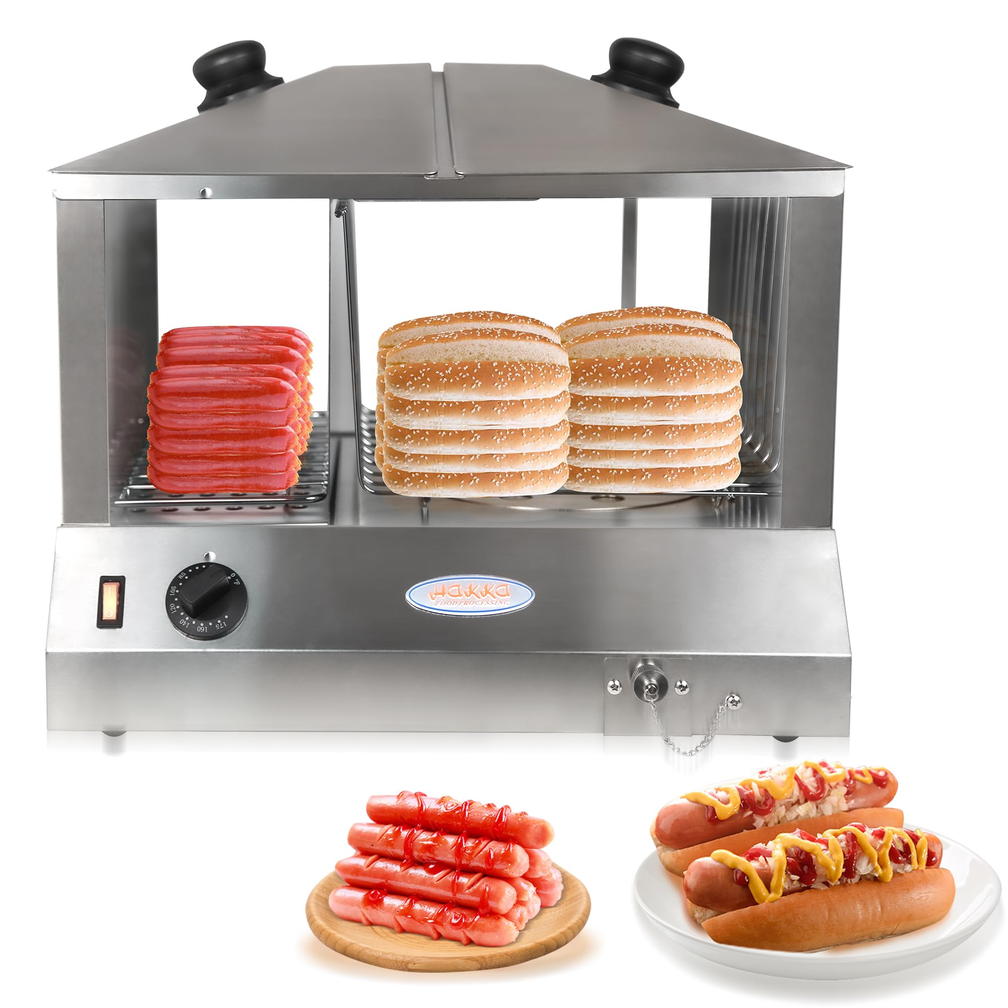 Commercial Electric Hot Dog Steamer & Bun Warmer - 1300W, Holds 100 Hot Dogs & 48 Buns, Steam Heating with Slide Doors & Tempered Glass - Perfect for Restaurants, Food Trucks, and Stadium Concessions