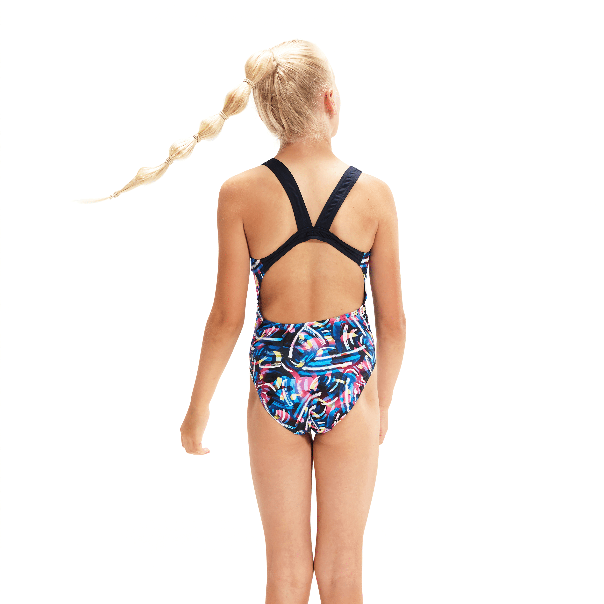 Speedo Girls' Digital Allover Leaderback One-Piece Swimsuit - Black & Blue - Perfect for Swim Lessons, Pool Parties & Beach Vacations