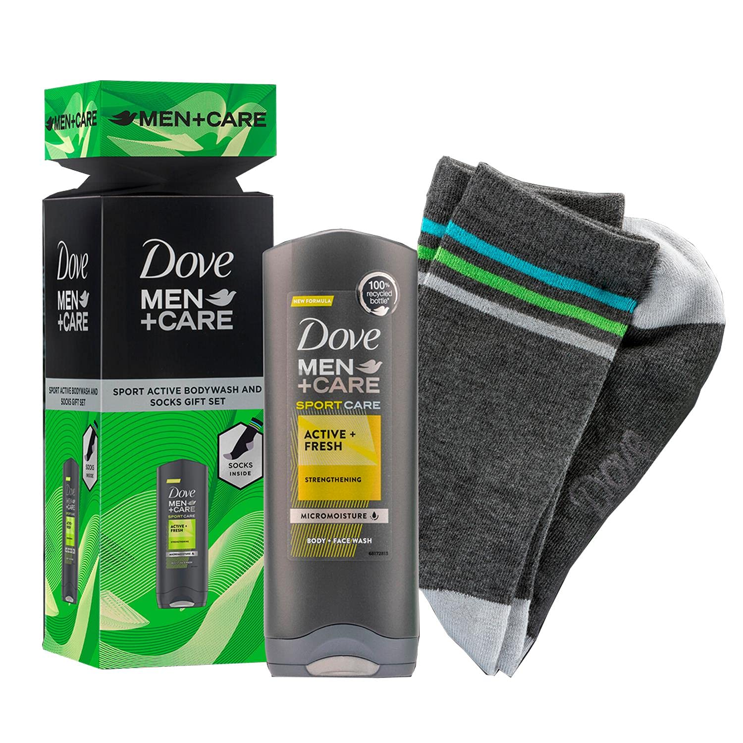 Dove Men+Care Active+Fresh Face & Body Wash 250ml with Socks Gift Set for Men - Perfect for Stocking Stuffers, Secret Santa, or Year-Round Gifting - Ideal for Gym, Travel & Daily Skincare Routine