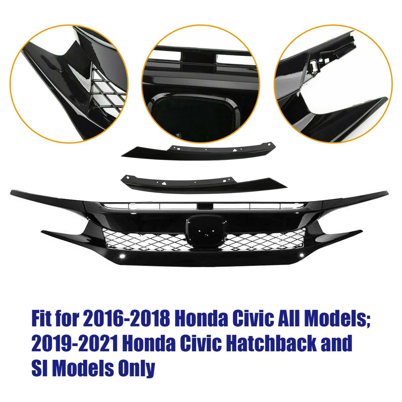 Type-R Style Front Bumper Grille & Hood Mesh Grill for 2016-2018 Honda Civic Si Hatchback/Sedan - Eyebrows Included | Aggressive Look Upgrade | Street Racing & Car Show Accessory