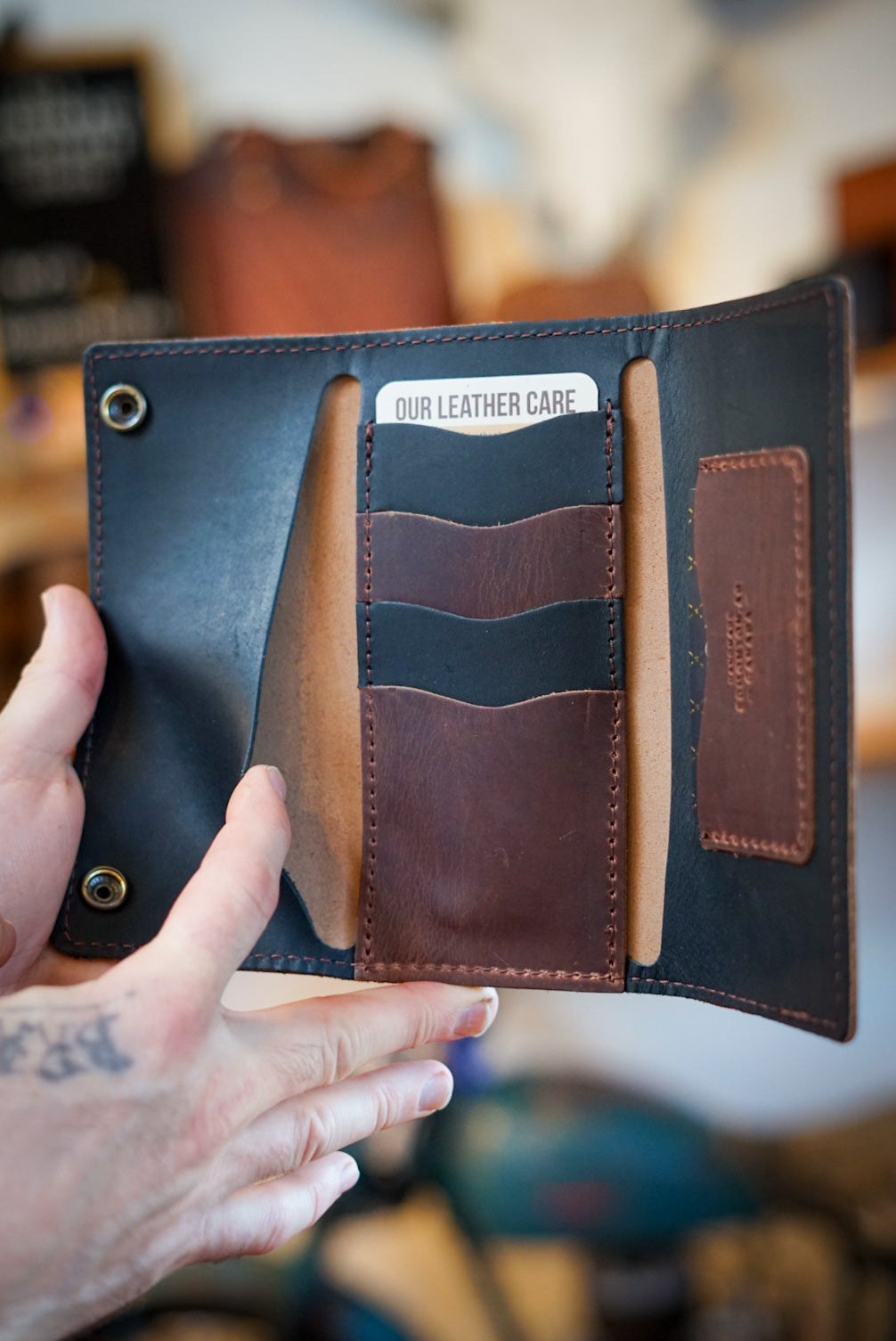 Premium Trifold Long Leather Wallet for Men - Hardtimes Brown with Flat Black Accents | Slim RFID Blocking Bifold Wallet | Perfect for Everyday Carry, Business & Travel