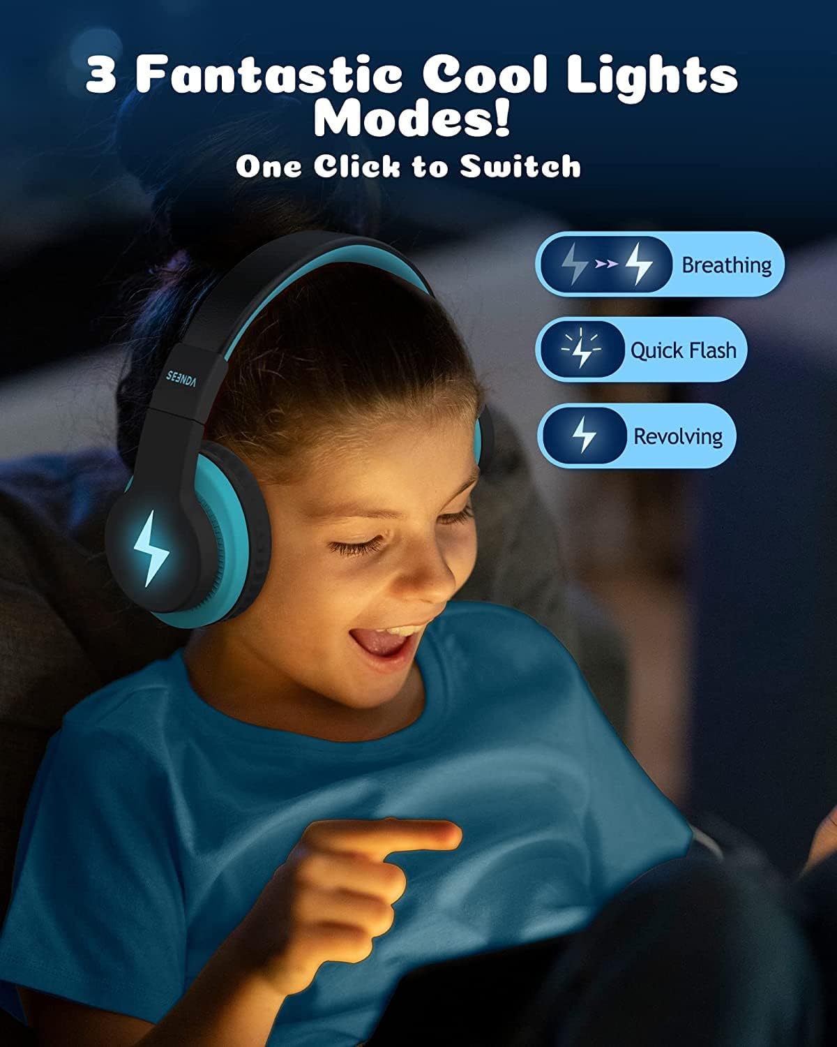 Seenda Kids Bluetooth Headphones with LED Lights - Foldable Over-Ear Wireless/Wired Headset (85dB/94dB Volume Limited) for School, Travel, Gaming & TV - Compatible with PC, Tablet, Airplane - Black & Blue | Perfect for Online Classes, Long Flights & Entertainment