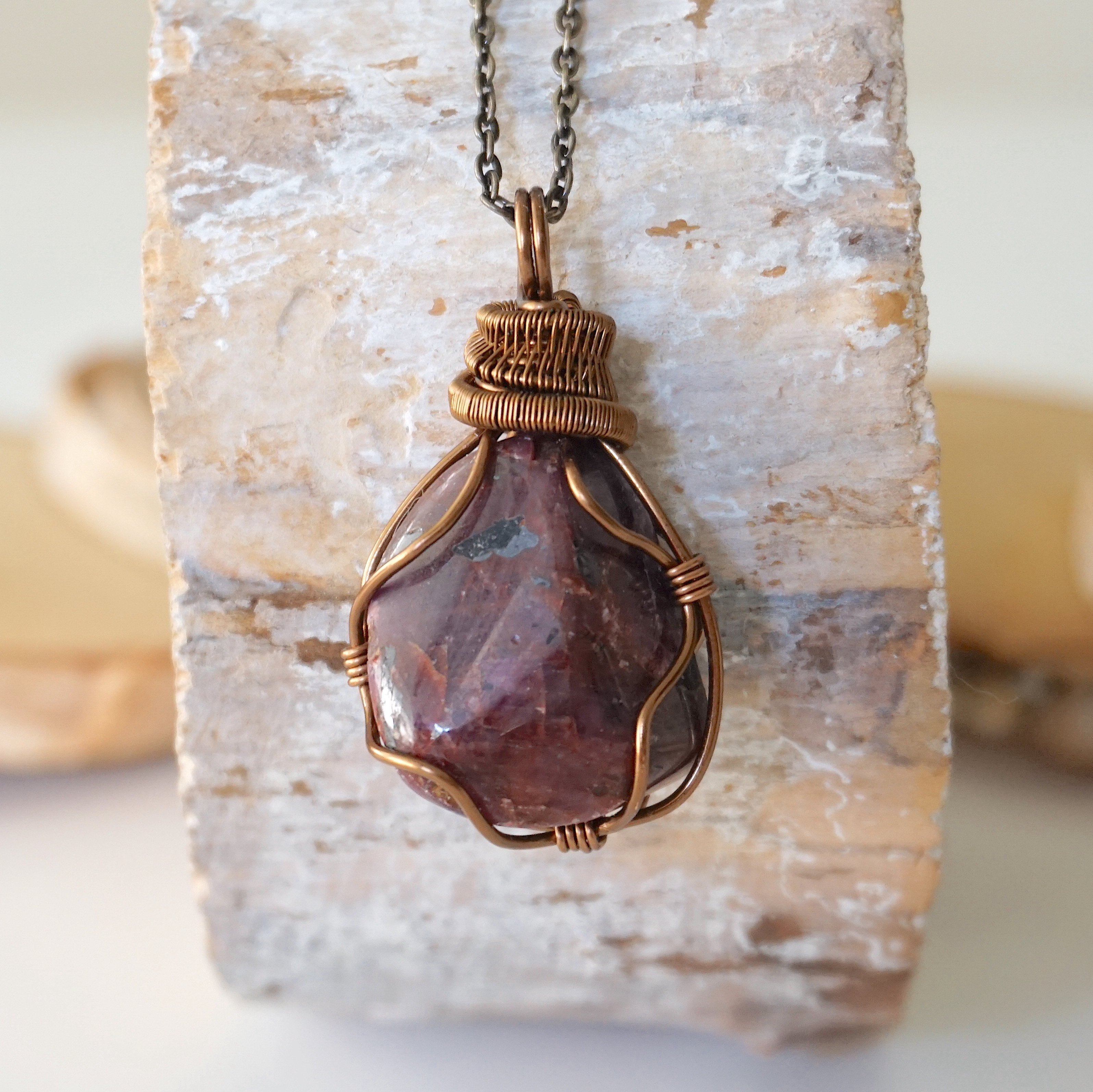 Raw Ruby Necklace in Antique Bronze - Handmade Bohemian Jewelry for Women, Perfect for Boho Chic Outfits & Special Occasions