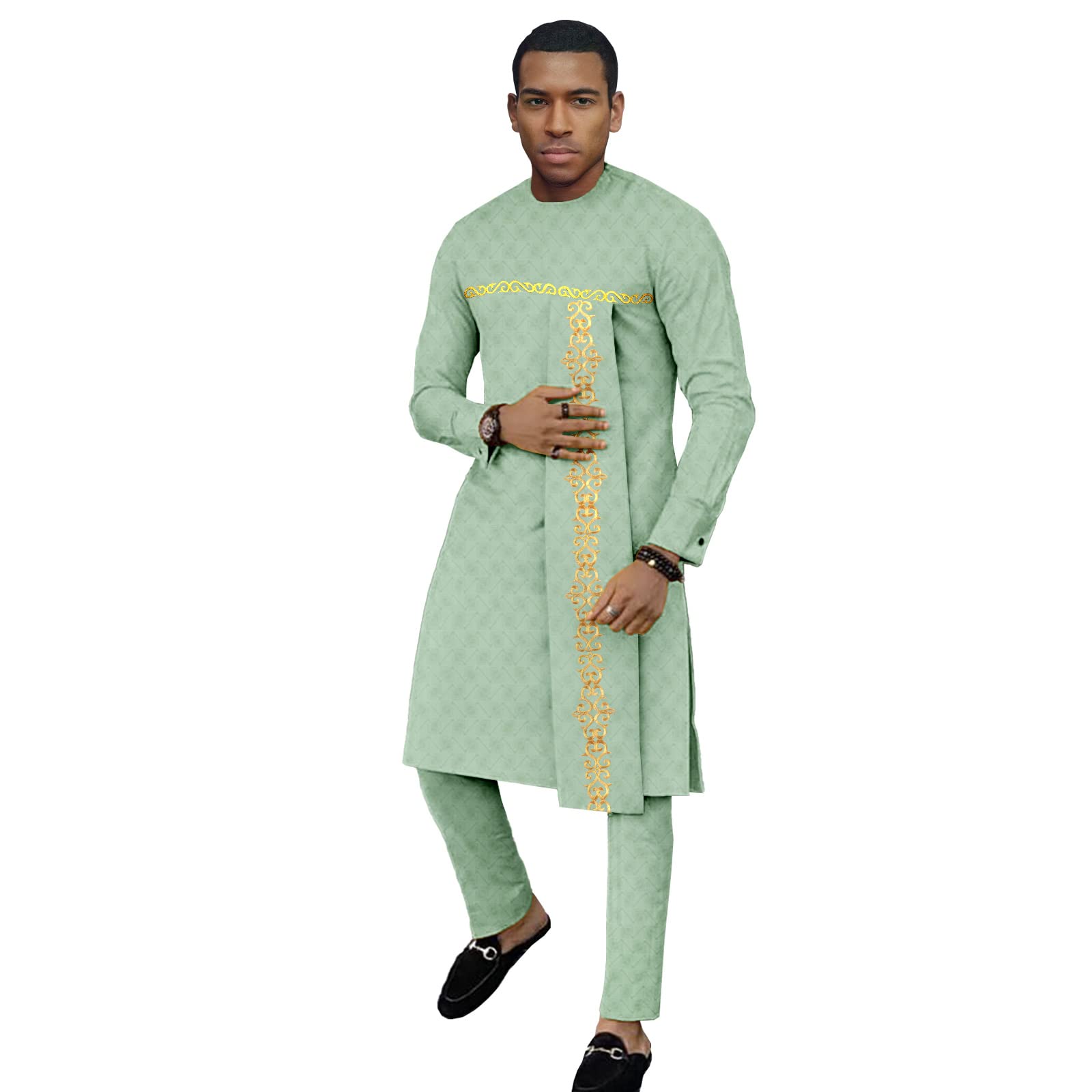 Bazin Riche African Traditional Clothing Set for Men | Dashiki Print Long Coat & Ankara Pants 2-Piece Outfit | Perfect for Weddings, Cultural Events & Special Occasions