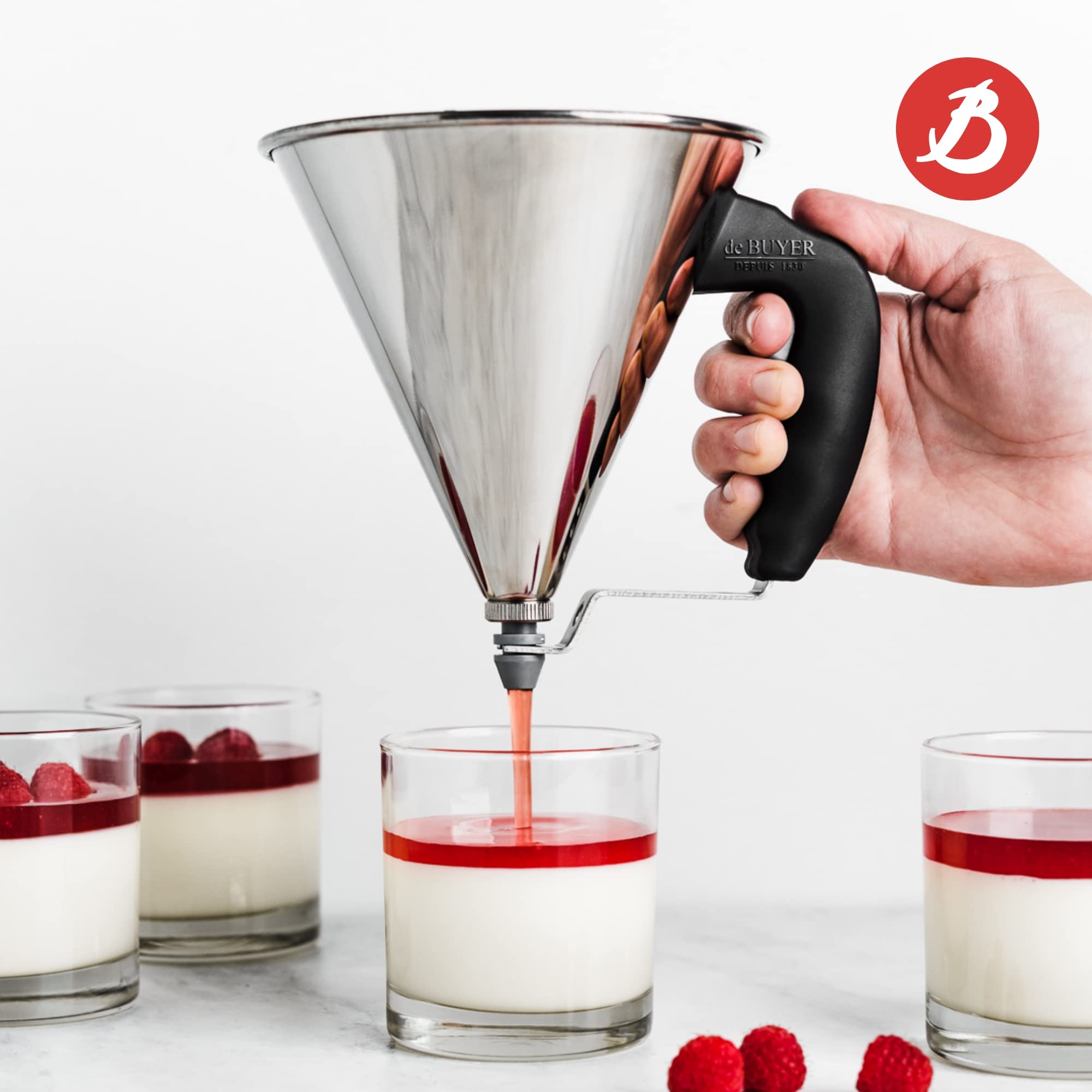 de Buyer KWIK Mini Piston Funnel - 0.8 qt Stainless Steel Kitchen Funnel for Batter, Syrup, Sauces & Oils - Leak-Proof Design - Dishwasher Safe - Made in France - Perfect for Baking, Pancake Batter & Salad Dressings