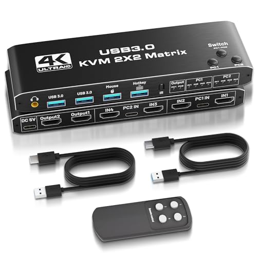 4K HDMI KVM Switch 4 in 2 Out for Dual Monitors & 2 Computers - 60Hz Matrix Switcher with USB 3.0, HDCP 2.3, Hotkey & Remote Control - Perfect for Home Office, Gaming Setup & Multi-Device Workstations