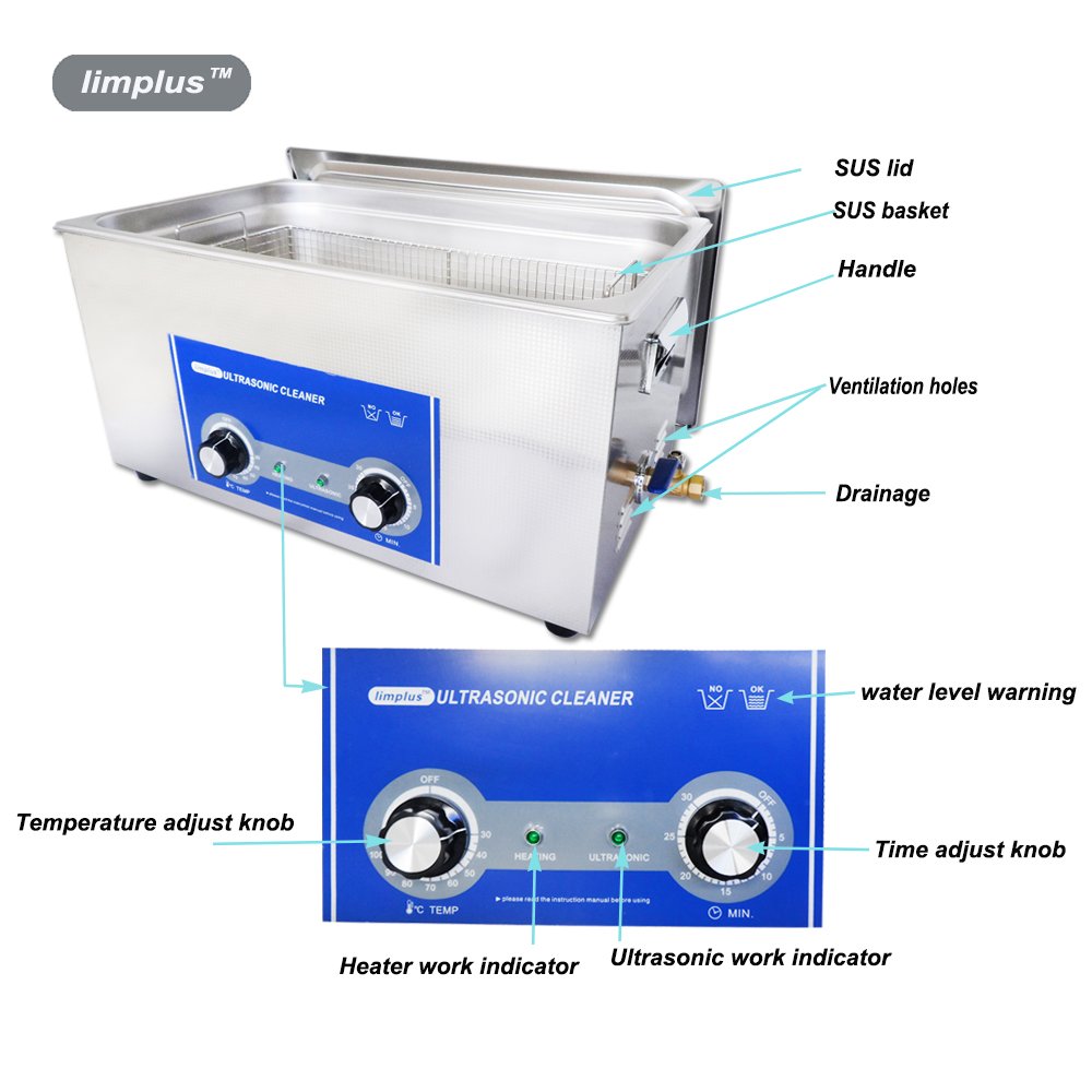 Limplus LS-10 10L 240W Professional Ultrasonic Cleaner with Basket & Lid - 40kHz Heated Timer - Perfect for Denture Cleaning, Dental Tools, Surgical Instruments, Jewelry, Fuel Injectors & Oil Removal - Commercial & Home Use