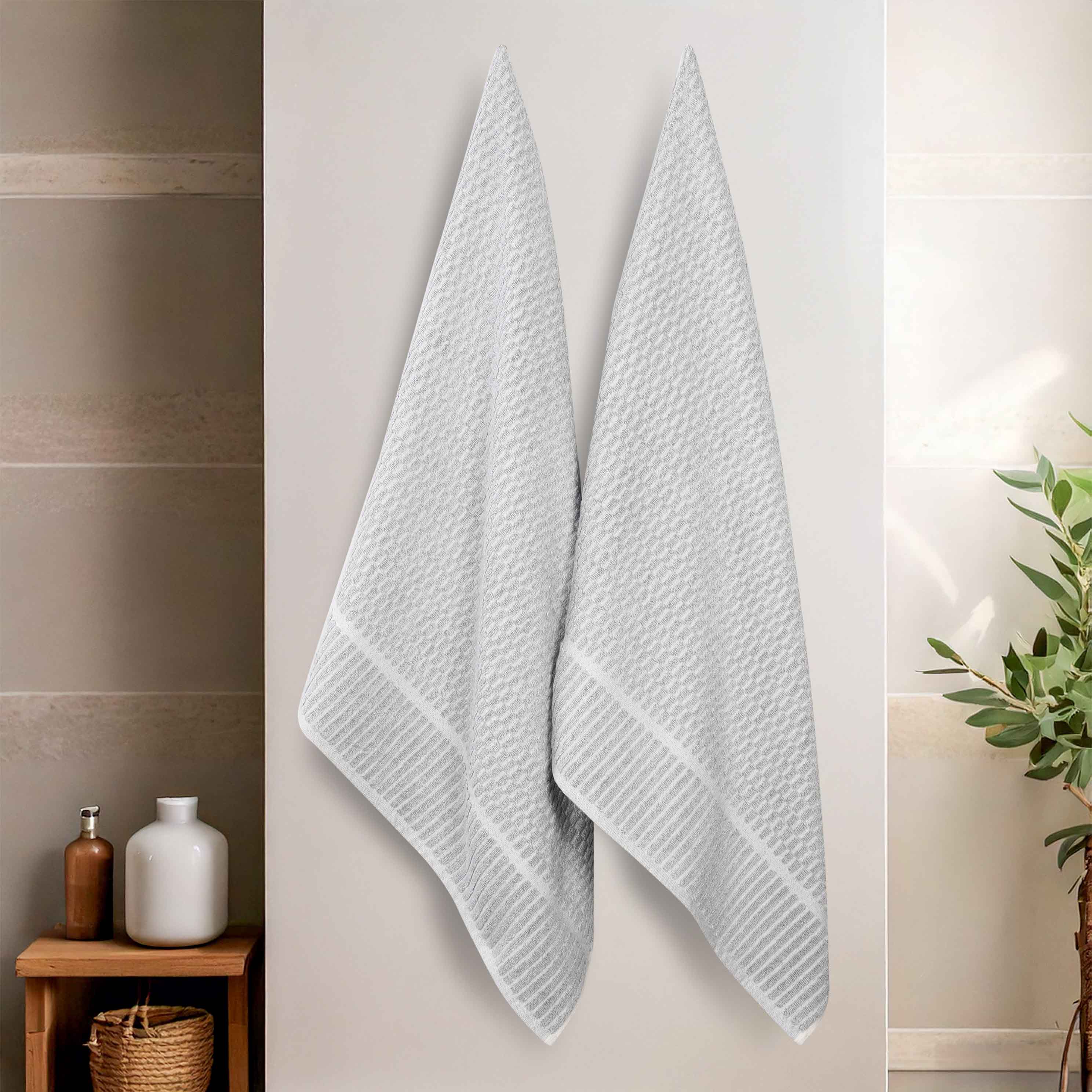 Premium Juno Cotton Blend Medium Weight Checkered Border Bath Towels - Ultra Absorbent & Soft, Set of 2 (Grey/White) | Luxury Bath Sheets for Spa, Hotel & Home Use