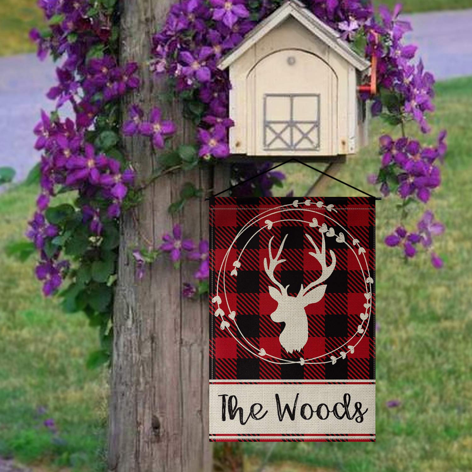 Custom Personalized Deer Antlers Garden Flag - Double Sided 12x18 Inch Buffalo Plaid with Family Name - Rustic Farmhouse Burlap Outdoor Yard Decoration for Porch, Lawn, and Seasonal Home Decor