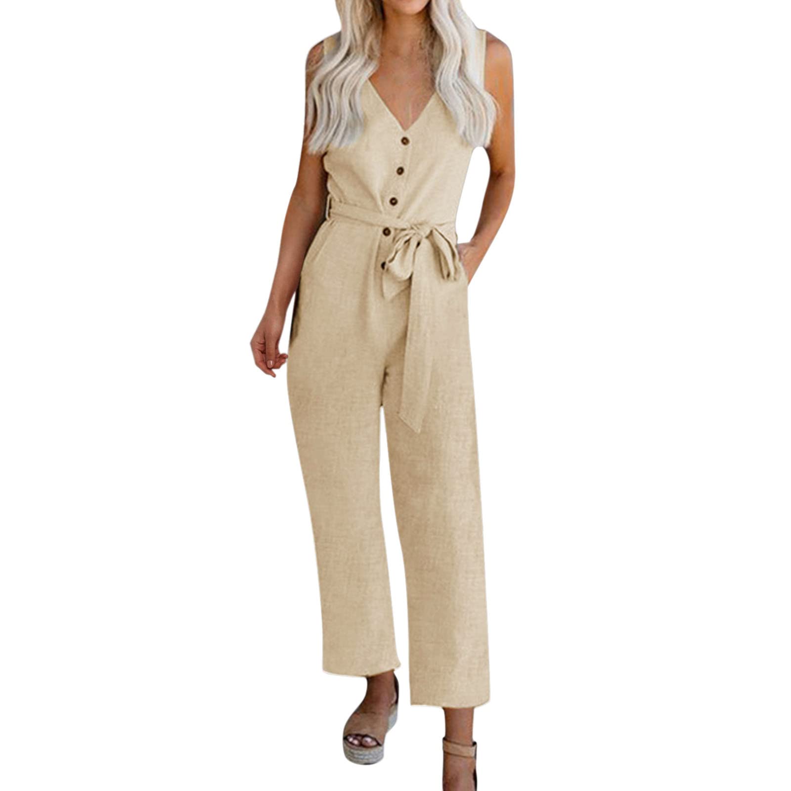 Women's Casual Solid Color Sleeveless V-Neck Button Pocket Tie Jumpsuit - Cropped Romper for Summer, Beach, Party & Vacation Outfits