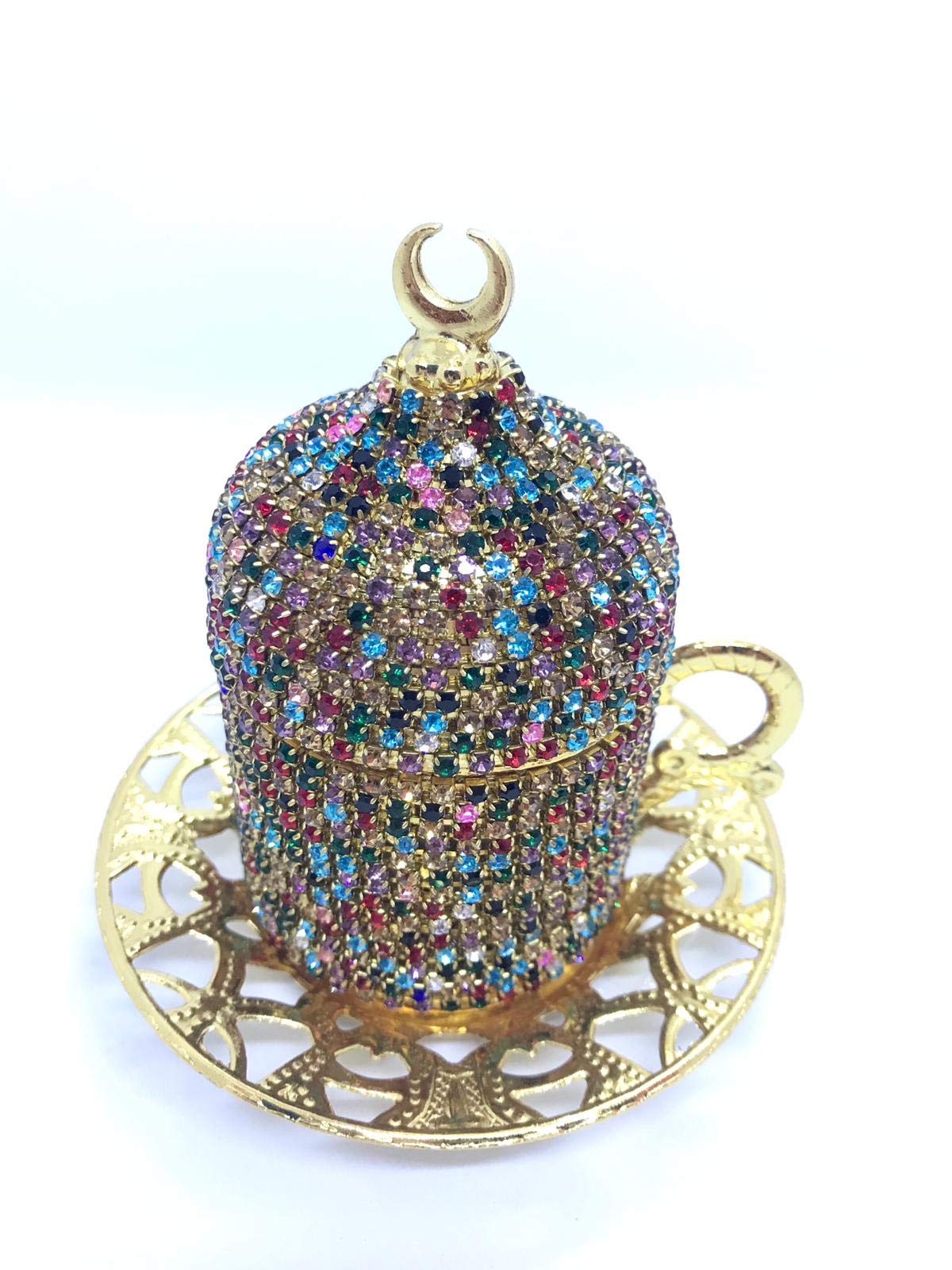 Swarovski Crystal Coated Coffee Cup Set - 2 Piece Multi Color Ottoman Turkish Greek Arabic Espresso Cups with Golden Saucer - Perfect for Home, Cafe, and Gift Giving