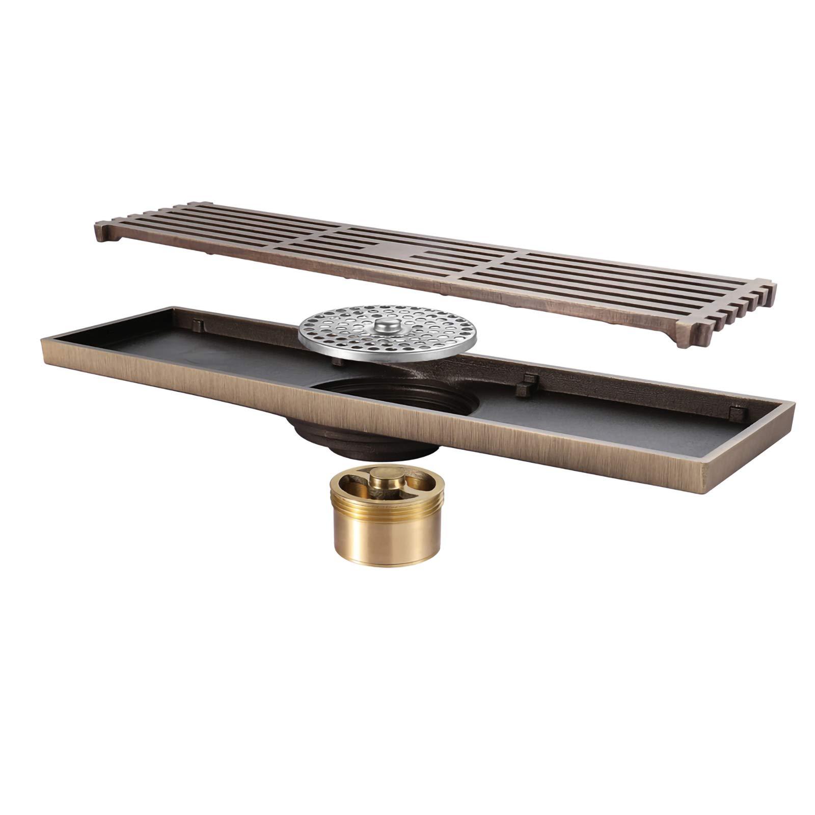 Uitllna 11.8 Inch Antique Bronze Linear Shower Drain - Brass Deodorizer Rectangle Shower Floor Drain with Removable Cover Grid Grate - Perfect for Bathroom Renovation & Luxury Shower Installation