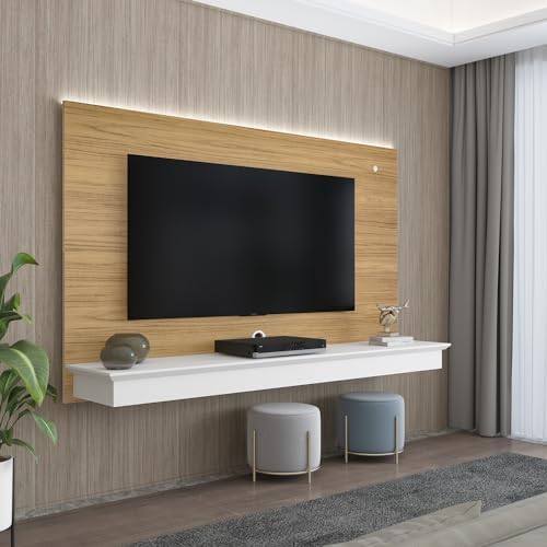Naomi Home Deborah Floating TV Stand for 55 Inch TVs - Wall Mount Entertainment Center with LED Lights & Storage Shelf - Modern White & Natural Wood Finish - Perfect for Living Room, Bedroom & Home Theater Setup