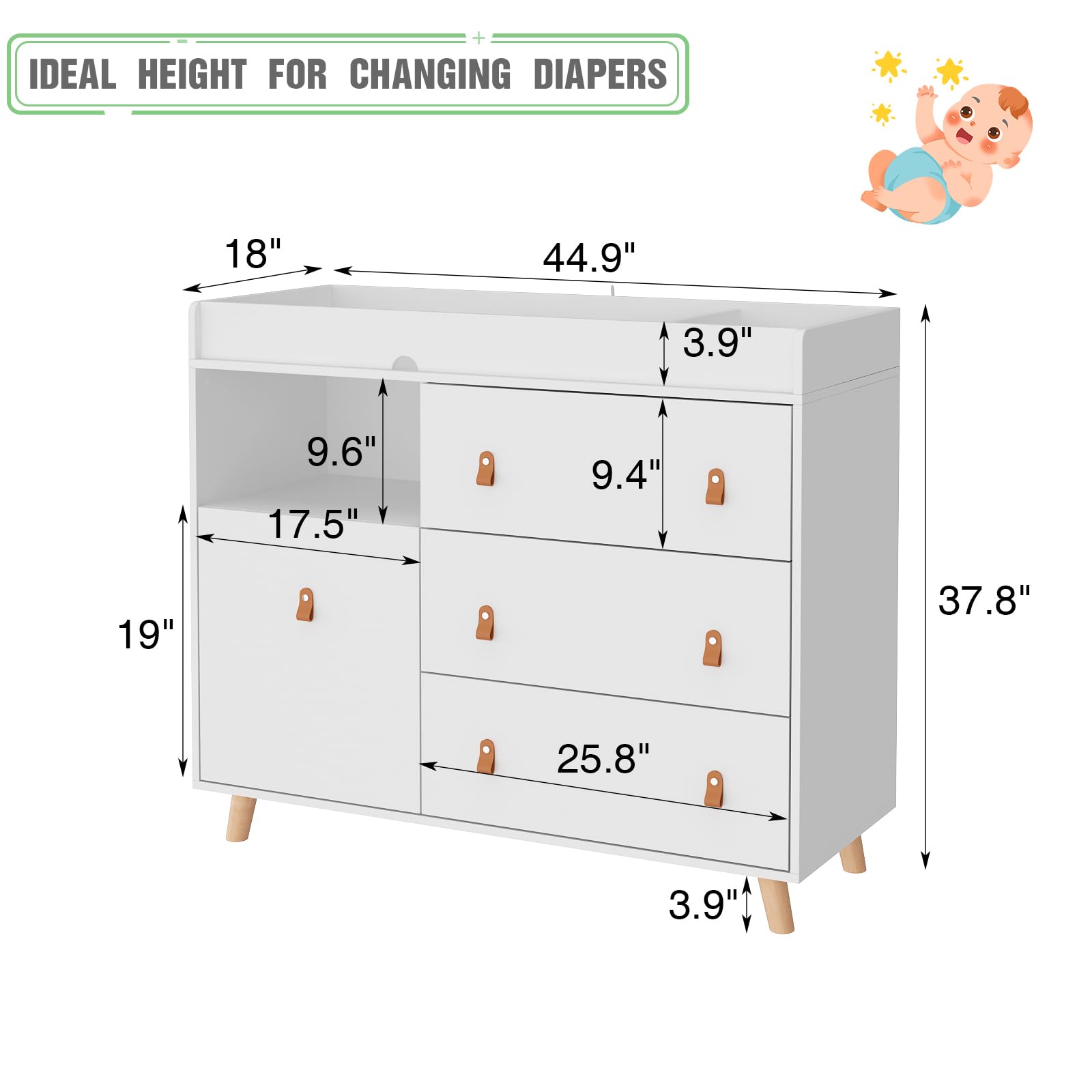 White Baby Changing Table Dresser with Storage Drawers - Nursery Dresser Chest for Infants & Toddlers - Perfect for Diaper Changes & Baby Care Organization