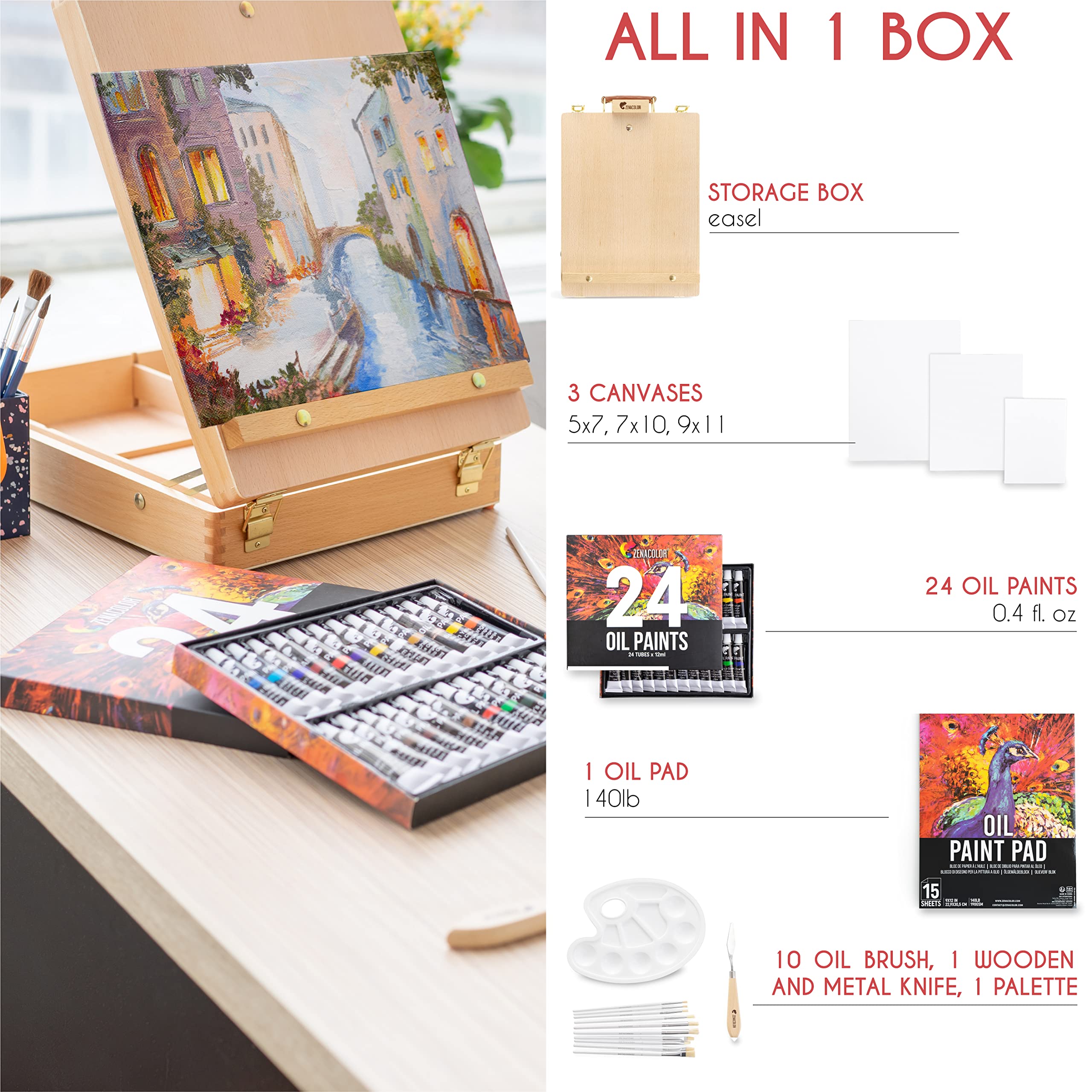 Professional Tabletop Easel & Complete Oil Painting Kit - 41 Premium Art Supplies (24 Oil Paints, 10 Brushes, 1 Palette Knife, 3 Canvases, 1 Sketch Pad, 1 Mixing Palette) - Perfect for Beginners, Artists & Home Decor Painting Projects