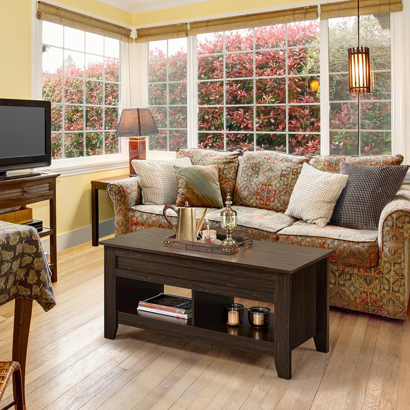 Topeakmart Lift Top Coffee Table with Hidden Storage & 2 Open Shelves - Adjustable Tabletop Living Room Center Table in Espresso Brown | Perfect for Small Spaces, TV Snacks & Remote Storage