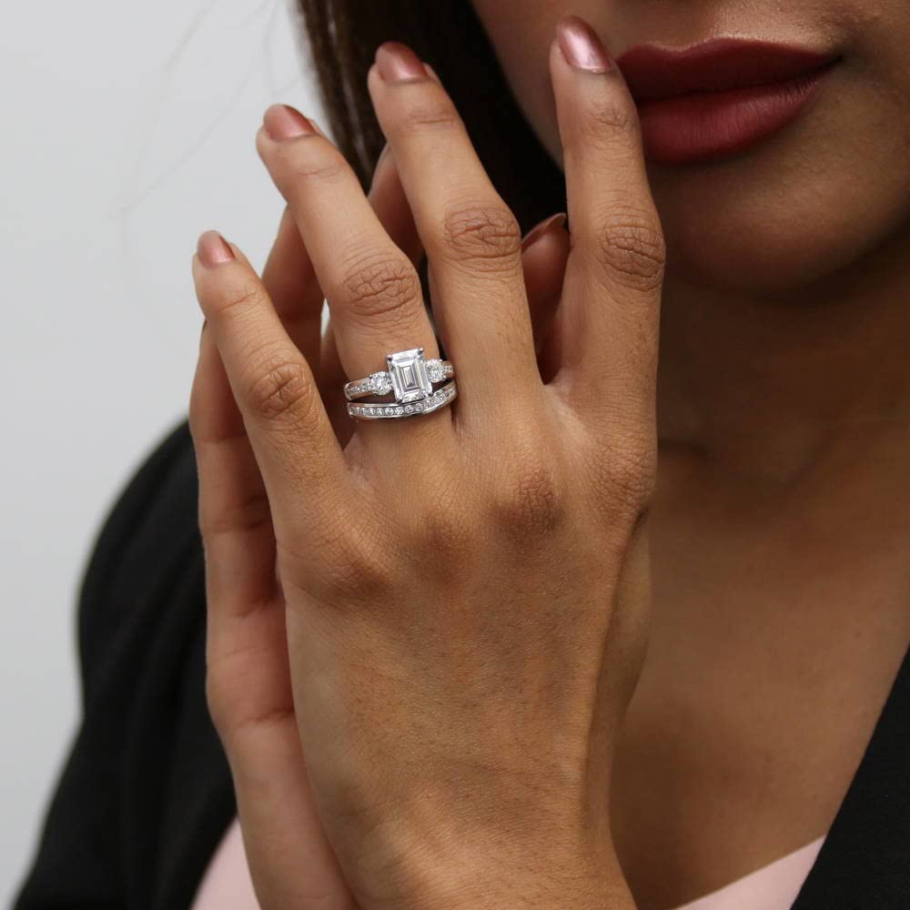 BERRICLE Sterling Silver 3-Stone Wedding Engagement Ring Set for Women - 2.1 Carat Emerald Cut Cubic Zirconia CZ, Rhodium Plated, Size 4-10 | Elegant Bridal Jewelry for Proposals, Anniversaries & Special Occasions