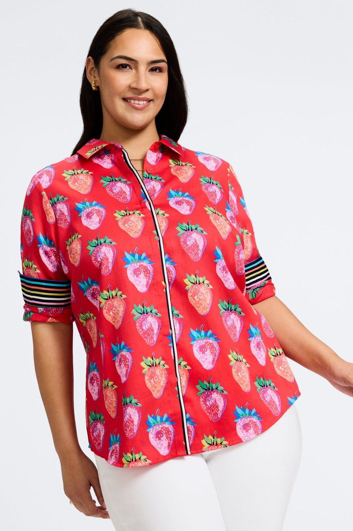 Charlie Plus Strawberry Delight Long Sleeve Shirt for Women - Soft Cotton Casual Tops - Cute Strawberry Print Blouse for Spring, Summer, Fall Fashion - Perfect for Date Night, Office Wear & Weekend Outfits