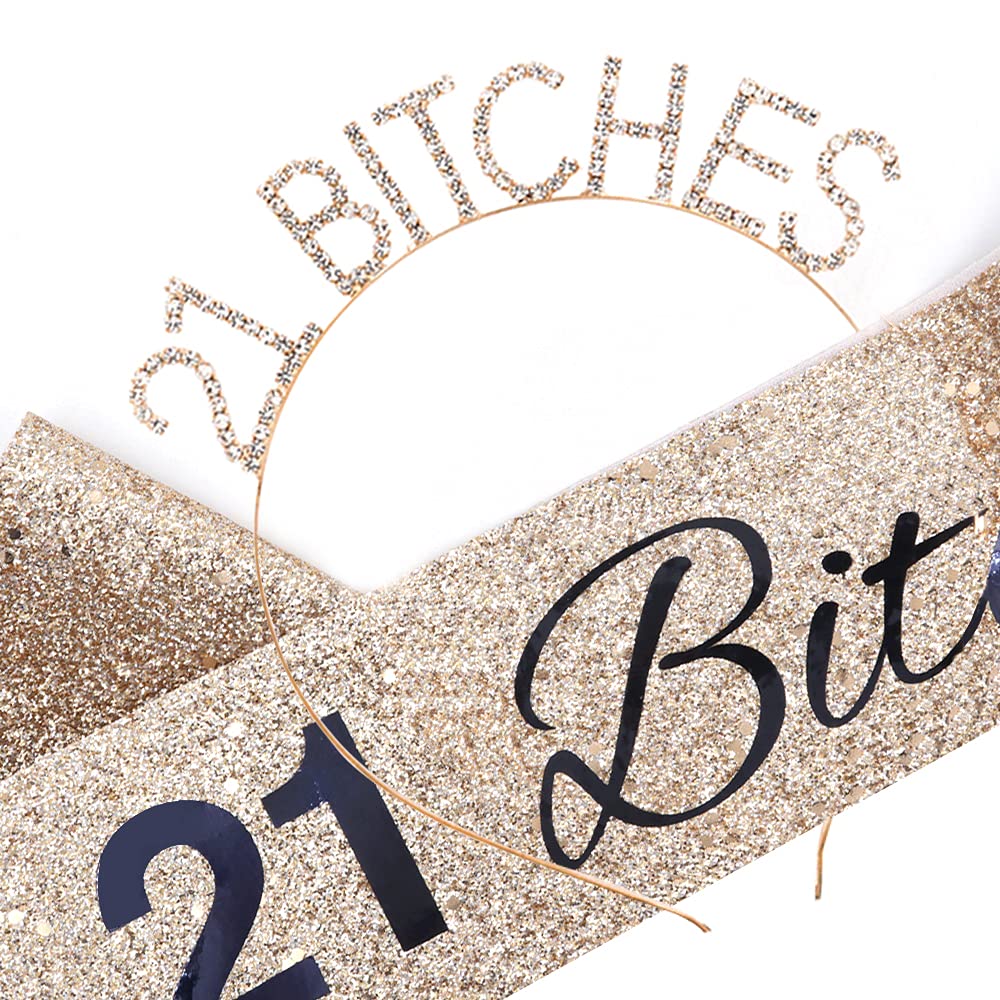 21st Birthday Sash & Rhinestone Headband Set - Gold Glitter/Black Birthday Party Supplies for Women | Perfect for 21st Birthday Celebrations, Bachelorette Parties & Girls Night Out