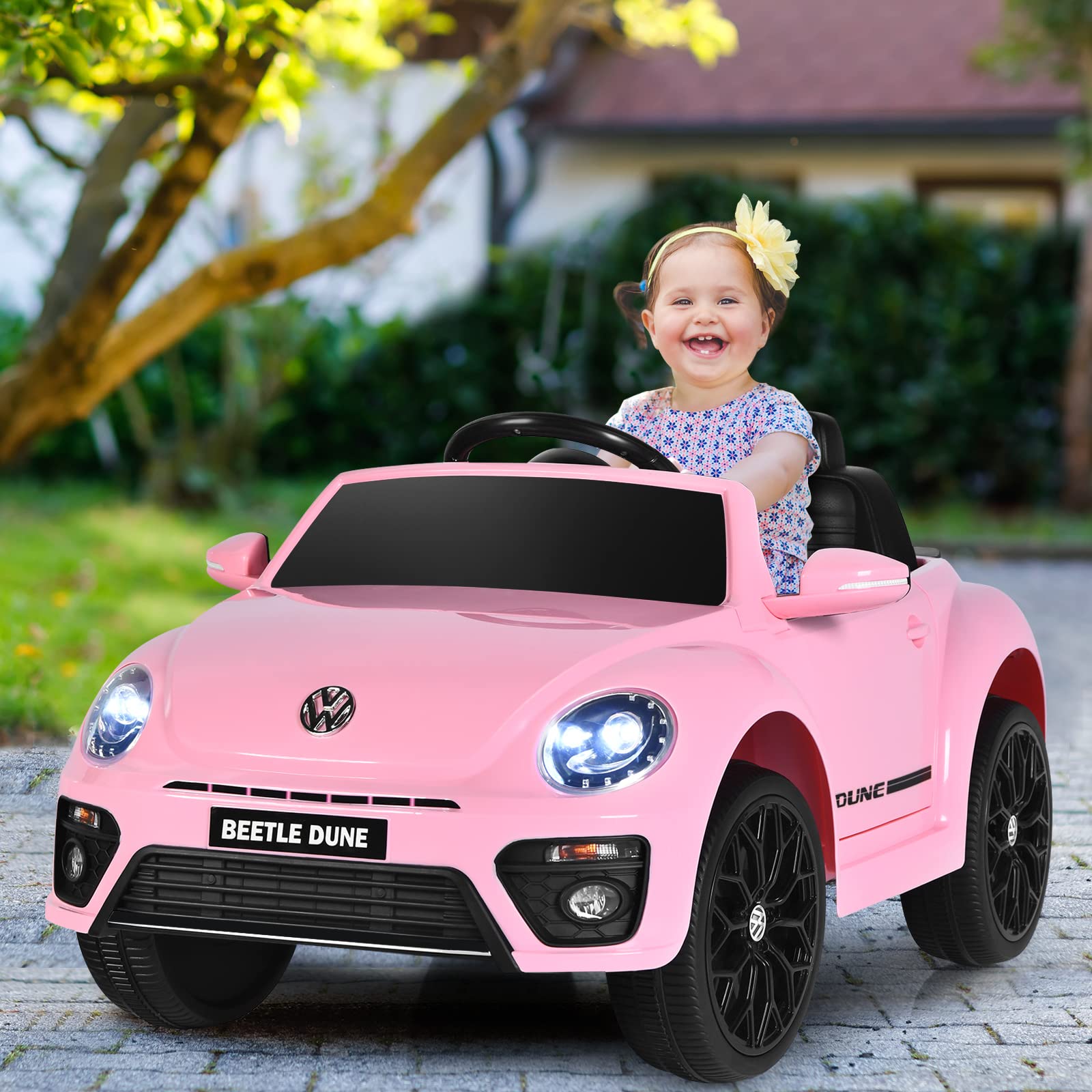 Costzon 12V Licensed Volkswagen Beetle Ride-On Car for Kids - Electric Battery-Powered Vehicle with Remote Control, Spring Suspension, LED Lights, USB Port, Horn & Music - 4-Wheeler Toy Car Gift for Boys & Girls (Pink) - Perfect for Birthday Presents, Outdoor Play & Indoor Fun