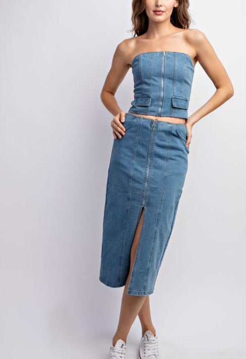 Vintage Stretch Faded Denim Tube Top for Women - Casual Summer Outfit, Music Festival & Beach Wear