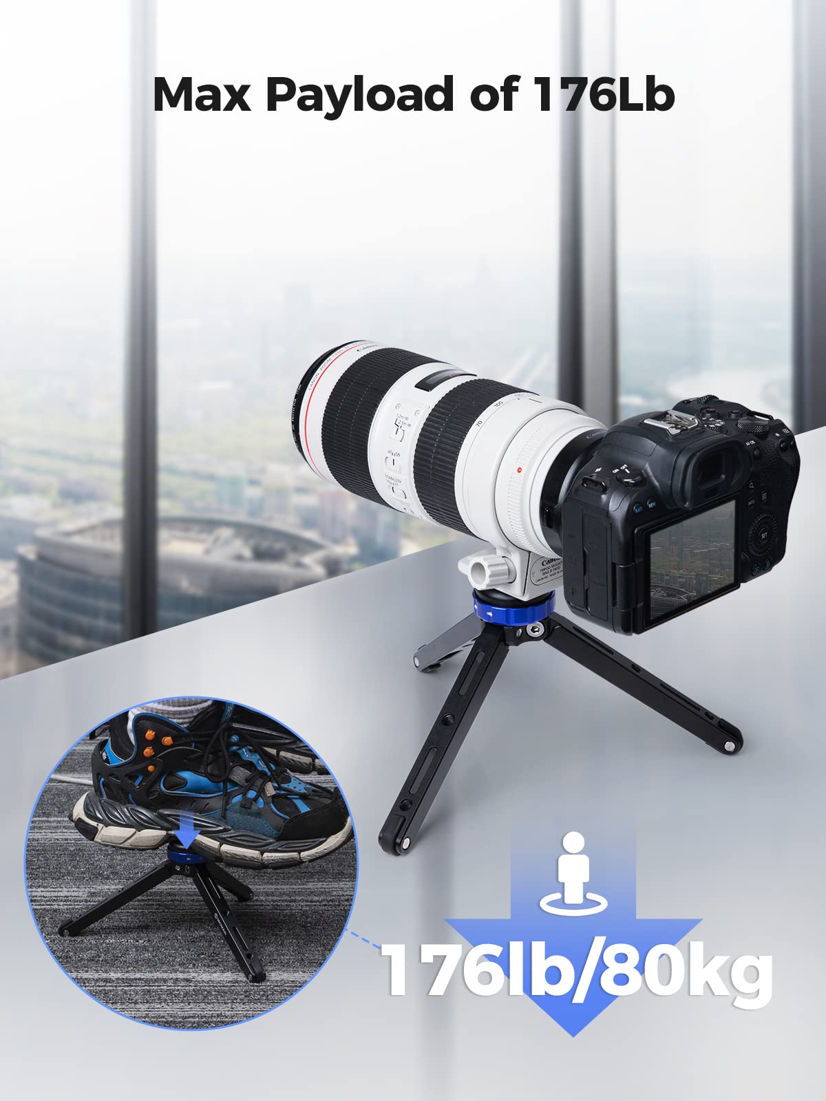 Moman Mini Tripod for Camera - Compact Aluminum Tabletop Tripod with 1/4 & 3/8 Screw Mount, 80kg Load Capacity (Blue Black) - Perfect for Travel, Vlogging, DSLR & Mirrorless Cameras