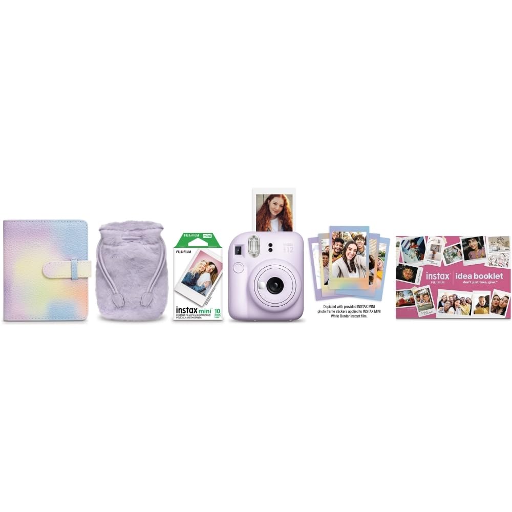Fujifilm INSTAX Mini 12 Instant Camera Bundle (Lilac Purple) with Mini Candy Pop Film, 4 AA Batteries & Cleaning Cloth - Perfect for Travel, Parties, and Holiday Gift Giving