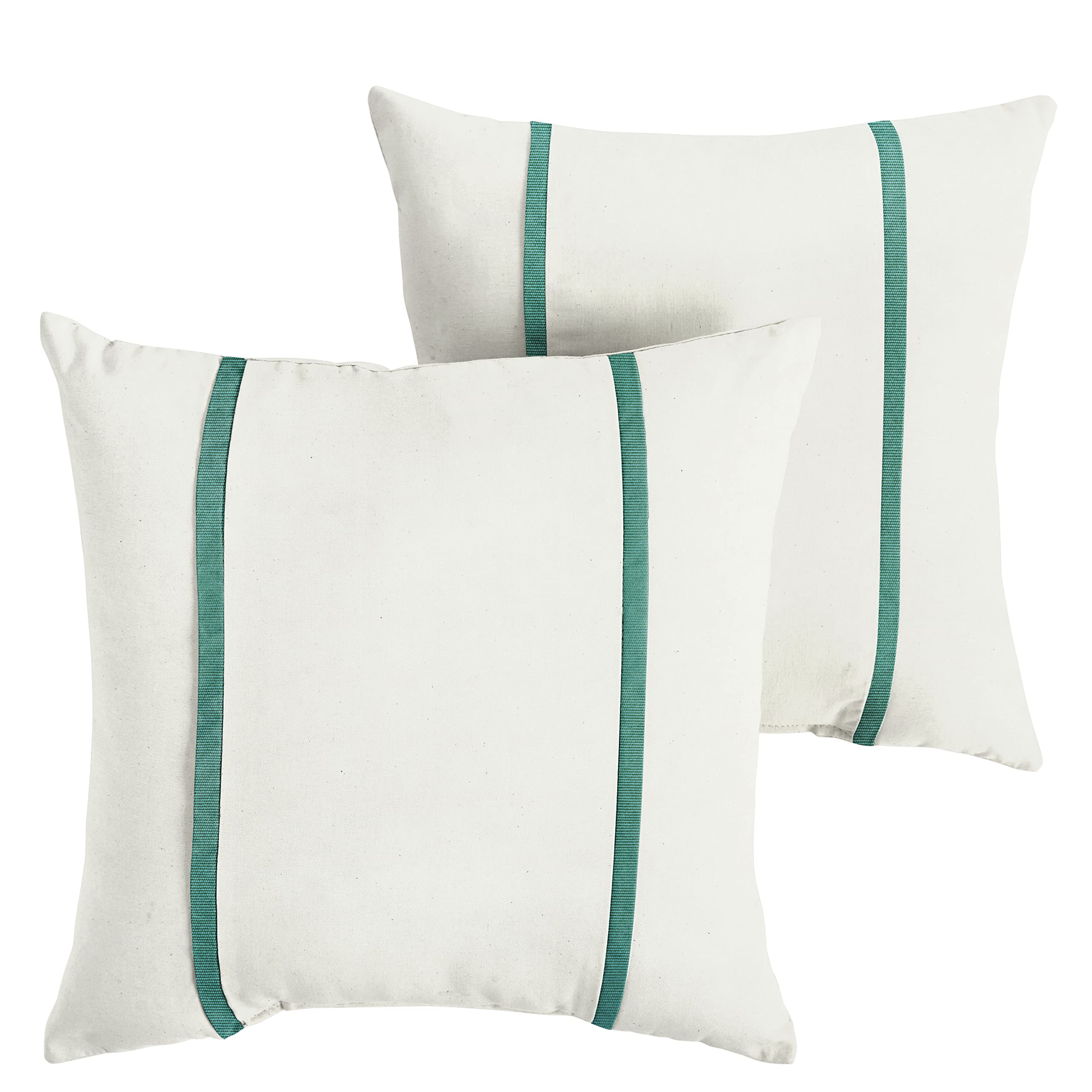 Sorra Home x Sunbrella Indoor Outdoor Square Pillows Set of 2 - Natural Ivory & Teal Green Waterproof Cushion Covers for Patio, Poolside, Sofa & Deck Furniture