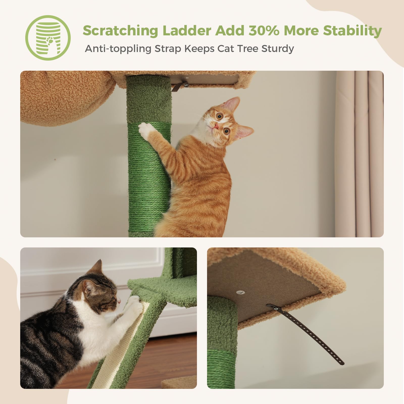 PAWZ Adjustable Floor-to-Ceiling Cat Tree Tower (82.7''-107.8'') - Tall Cactus Design Cat Climbing Furniture with Scratching Post, Ladder, Hammock & Condo for Indoor Cats - Perfect for Small Spaces & Cat Play Areas - Green