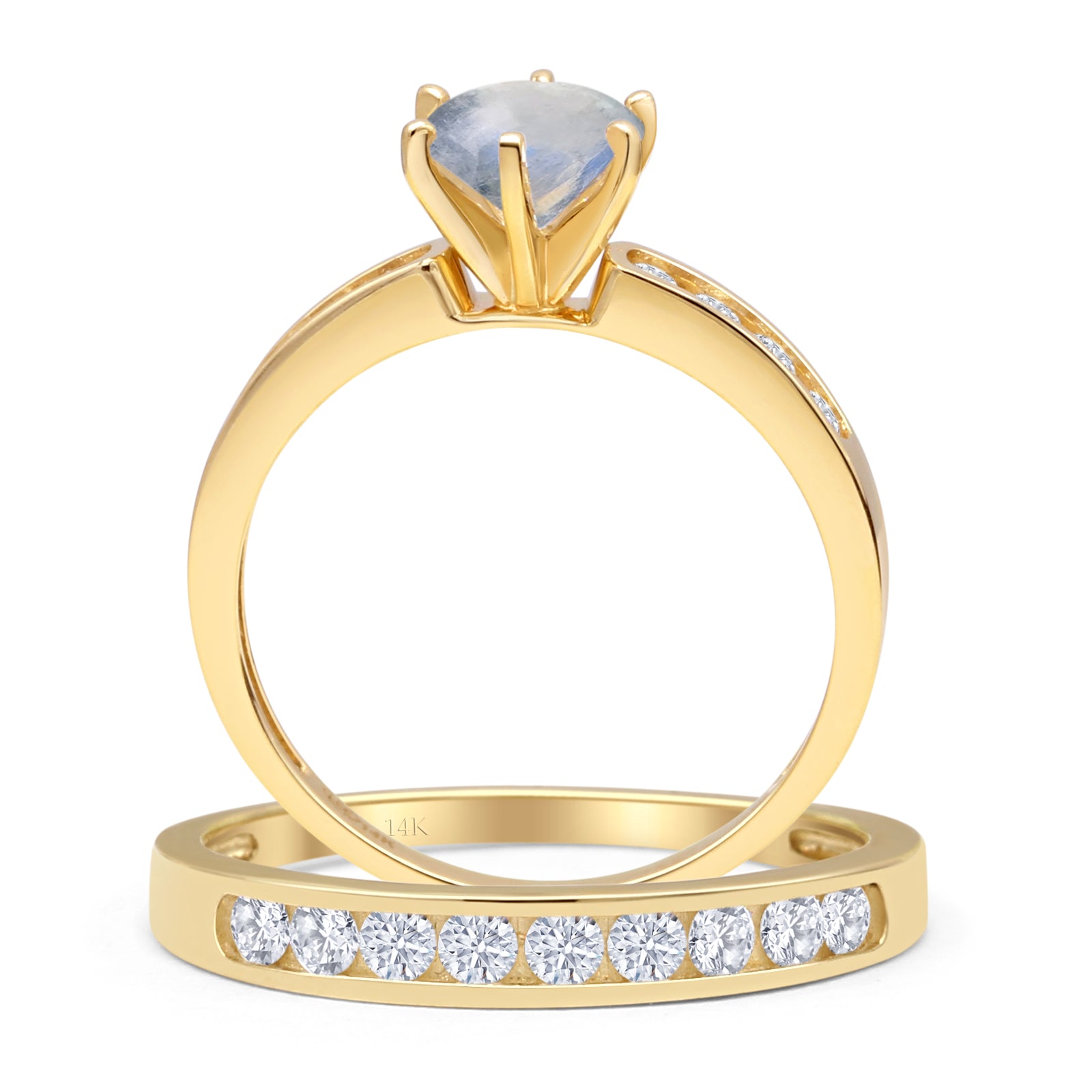 14K Yellow Gold Two-Piece Half Eternity Band with Round Natural Moonstones - Elegant Cathedral Ring for Wedding, Anniversary & Special Occasions