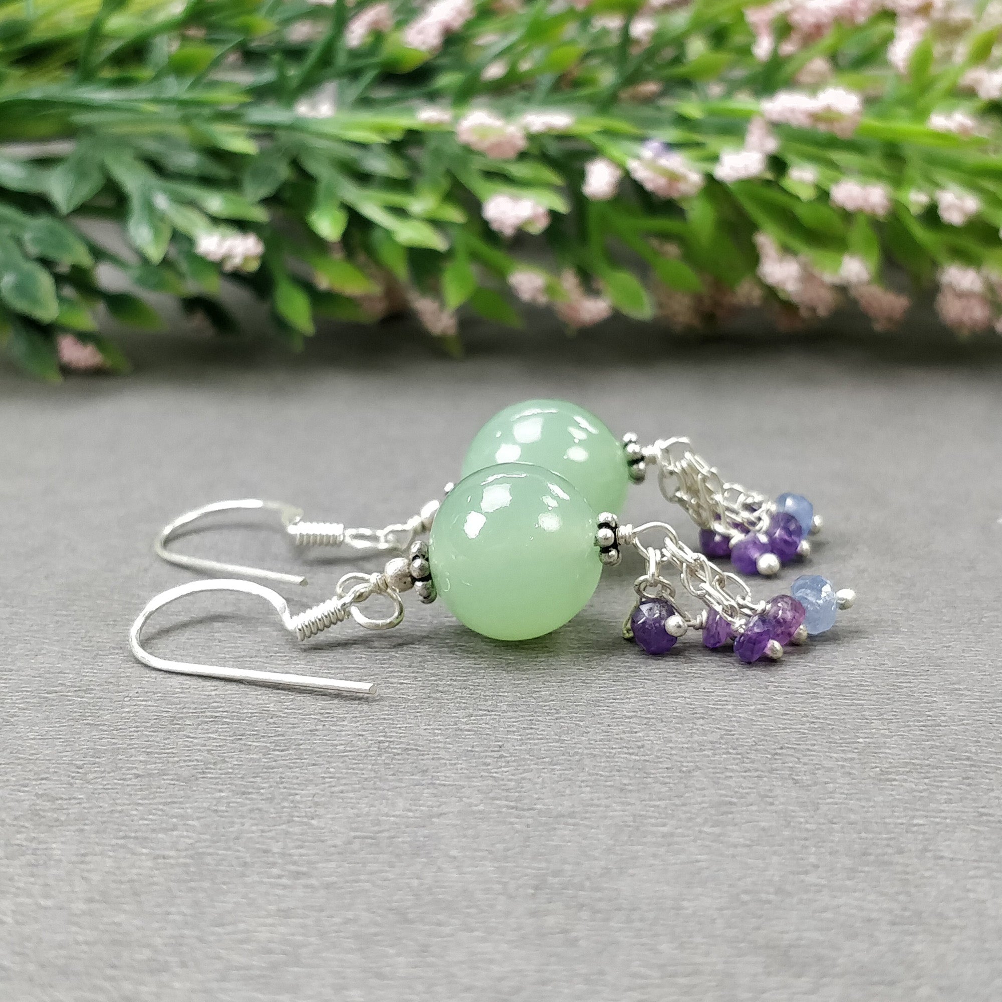 925 Sterling Silver Serpentine Blue Pink Sapphire Gemstone Beaded Drop Dangle Hook Earrings - 6.37gms Natural Stone Jewelry for Women, Gift for Her, Perfect for Parties, Weddings & Special Occasions