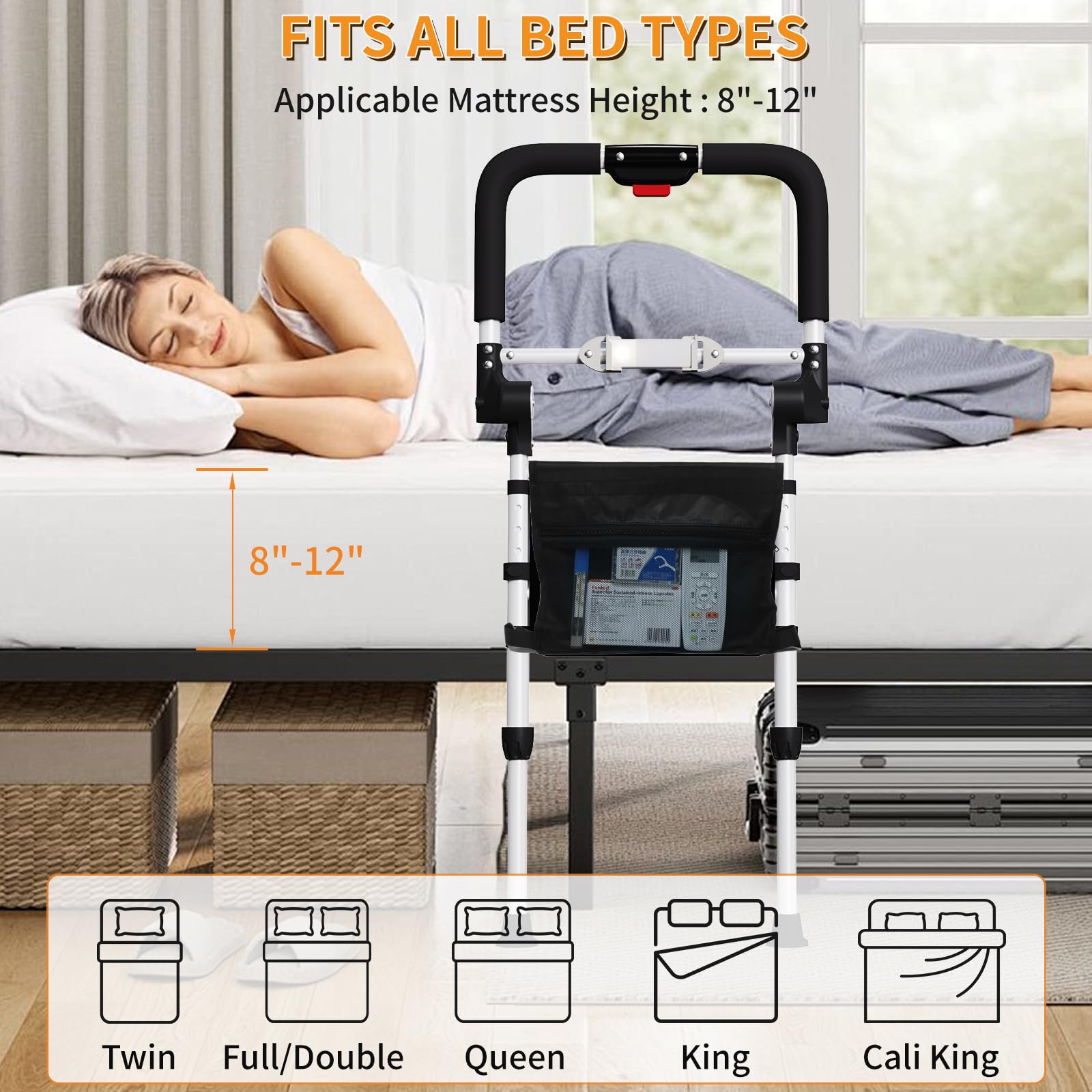 **Foldable Adjustable Bed Rails for Elderly Adults - Safety Bed Handrails with Light & Storage Bag - Fits Queen, Twin & King Beds - Ideal for Seniors, Home Care & Fall Prevention**