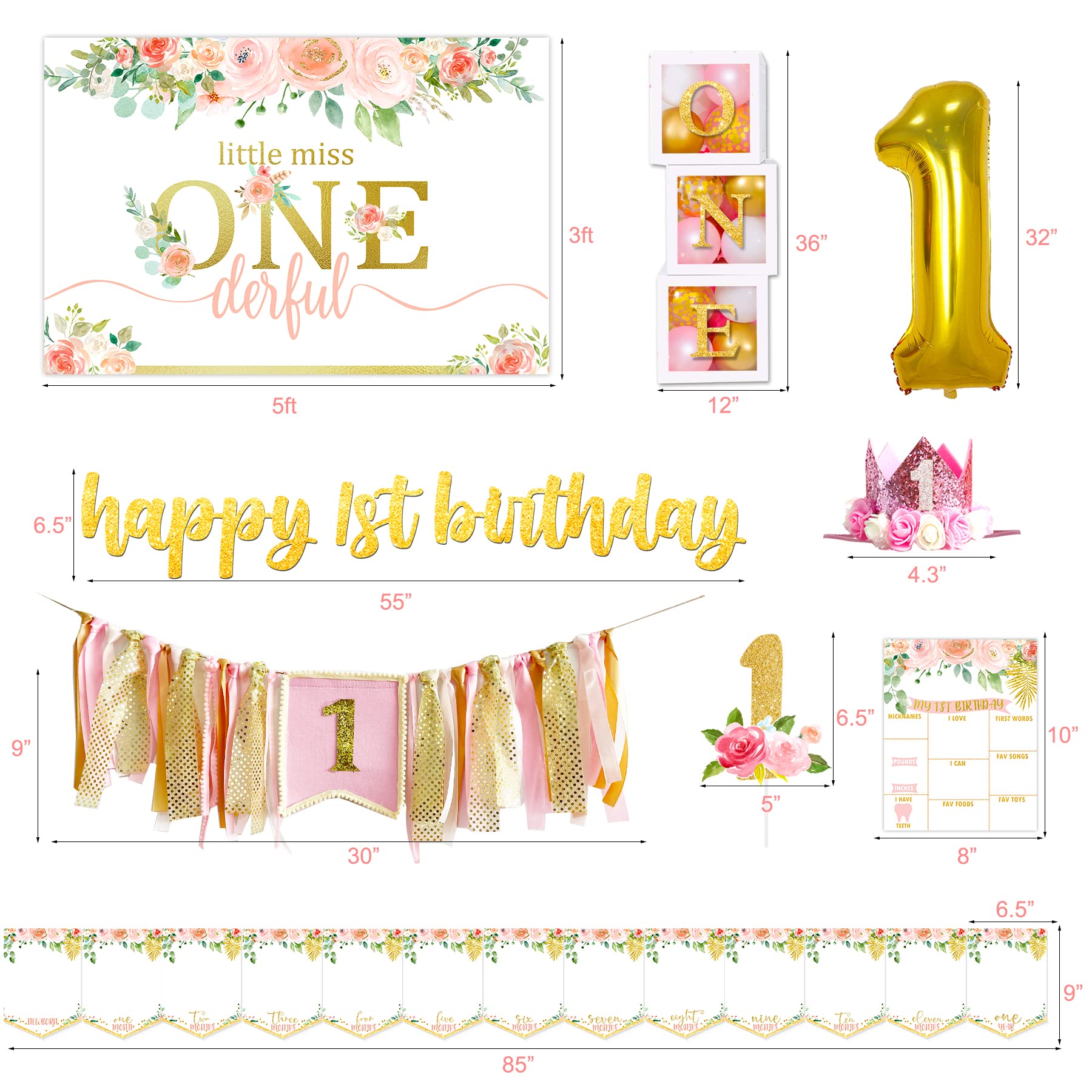 Baby Girl 1st Birthday Party Decorations Set - Balloon Boxes, Backdrop, High Chair Banner, Crown & Photo Banner for First Birthday Celebration | Perfect for Cake Smash, Photoshoot & Nursery Decor