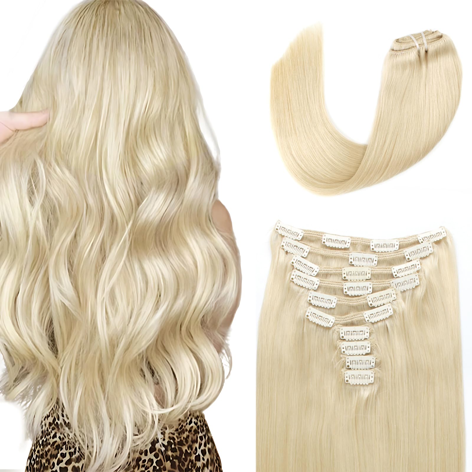 SixStarHair 22 Inch Ash Blonde Clip-In Human Hair Extensions - 10 Piece Set (240g) with 21 Clips | Remy Human Hair Wefts for Volume & Length | Perfect for Parties, Weddings & Daily Styling