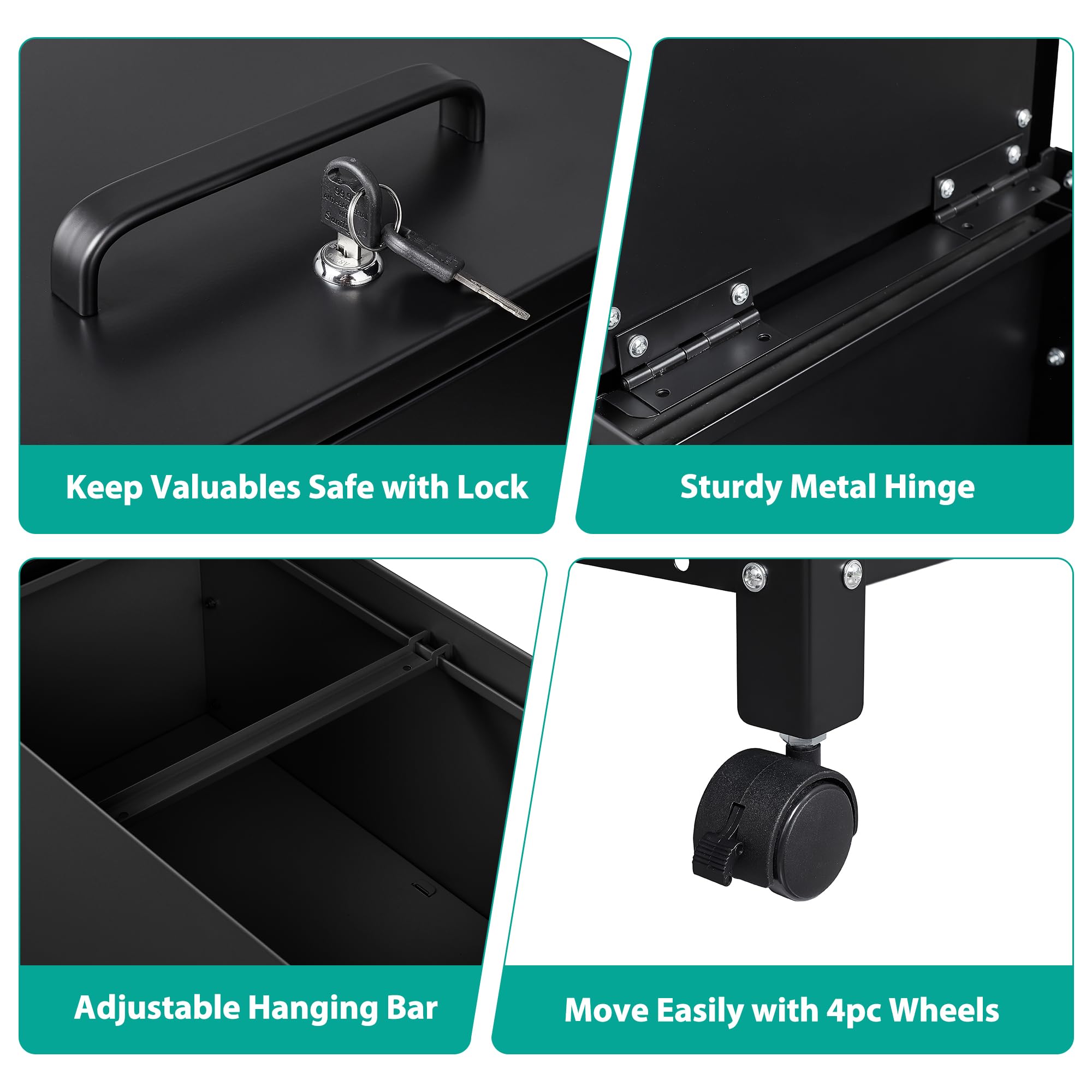 Black Metal Rolling File Cart with Wheels - Hanging File Organizer Cabinet for A4/F4/Letter/Legal Size Documents - Mobile Office Storage Solution for Home & Office Workspace Organization