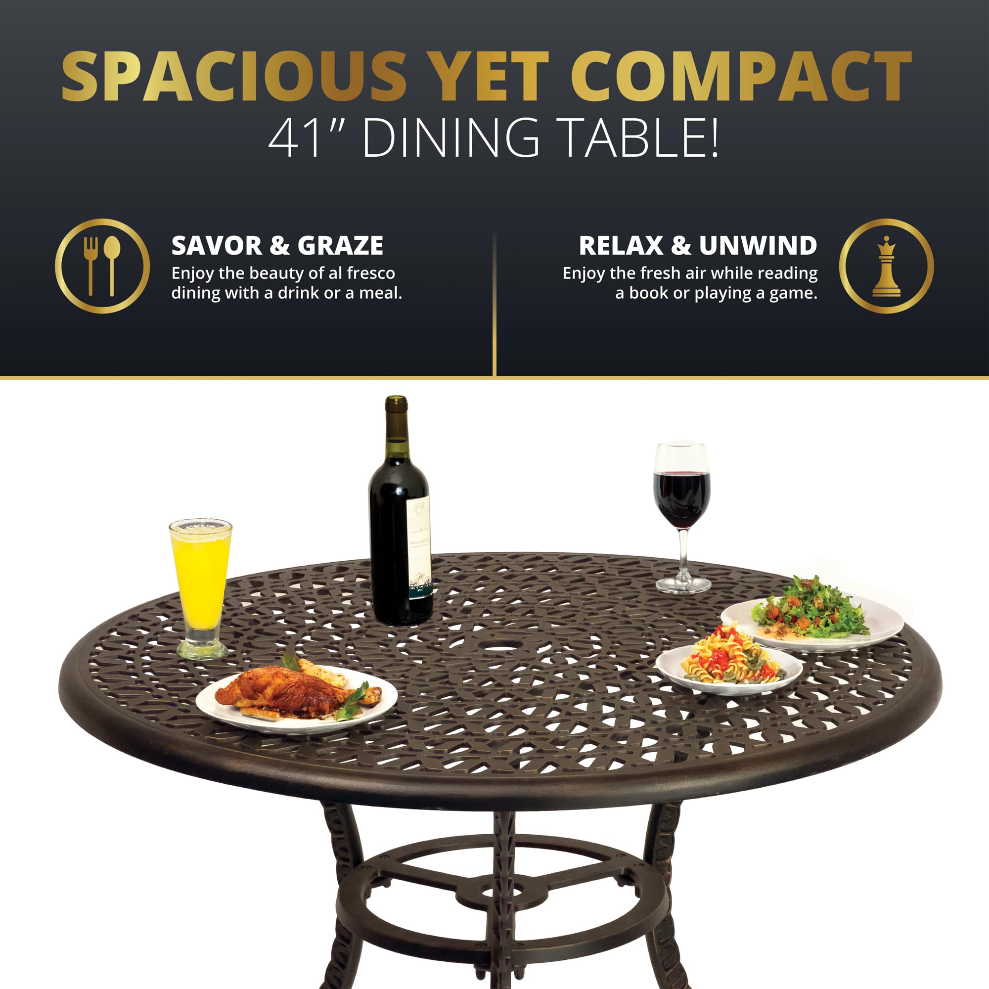 Kinger Home 5-Piece All-Weather Cast Aluminum Outdoor Dining Set - Round Patio Table & 4 Chairs with Cushions & Umbrella Hole - Perfect for Backyard, Garden, Poolside & Restaurant Outdoor Seating