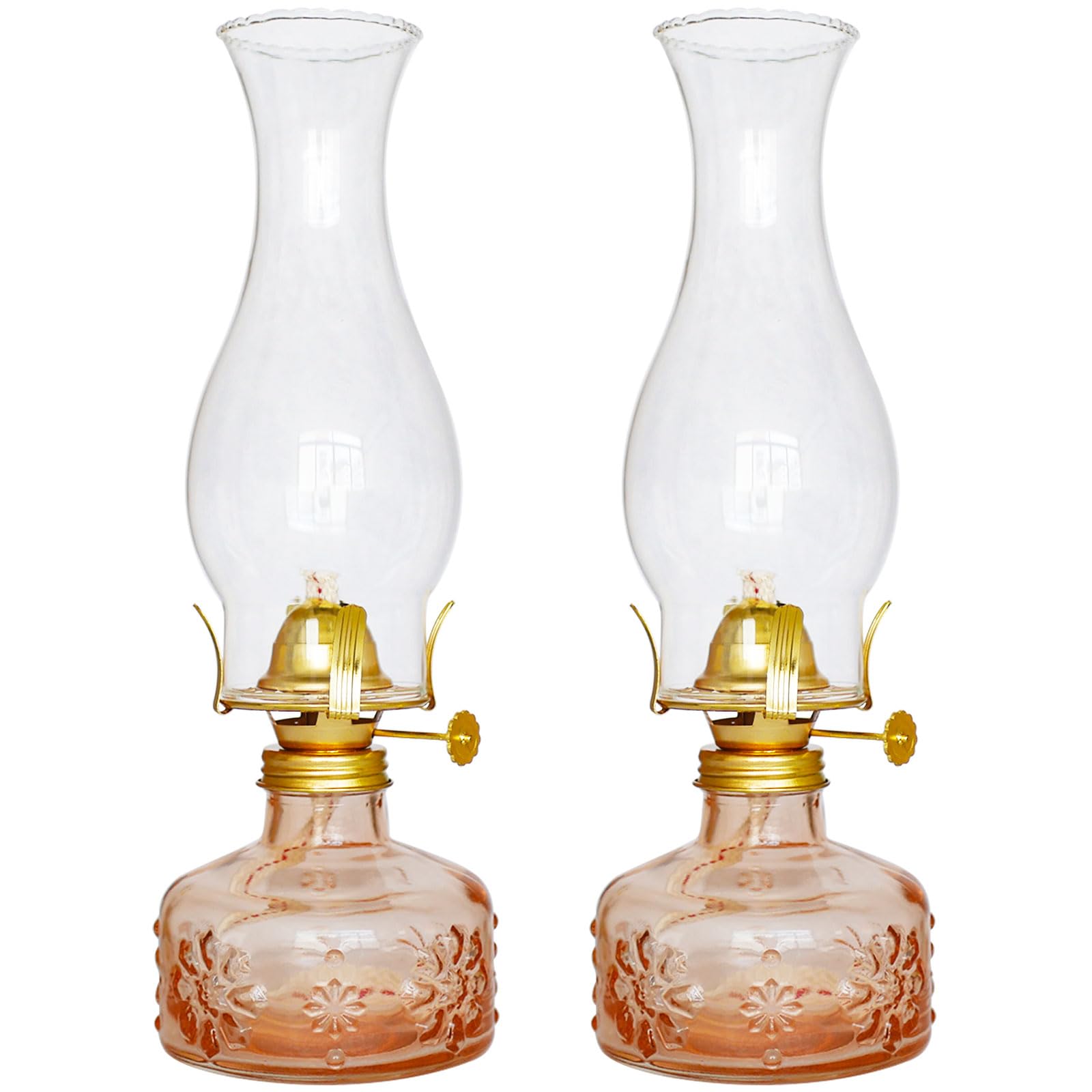 2 Pcs Vintage Glass Oil Lamps - Rustic Flower Kerosene Hurricane Lanterns for Indoor Home Decor, Tabletop Lighting, Romantic Dinner Ambiance & Emergency Power Outage Use