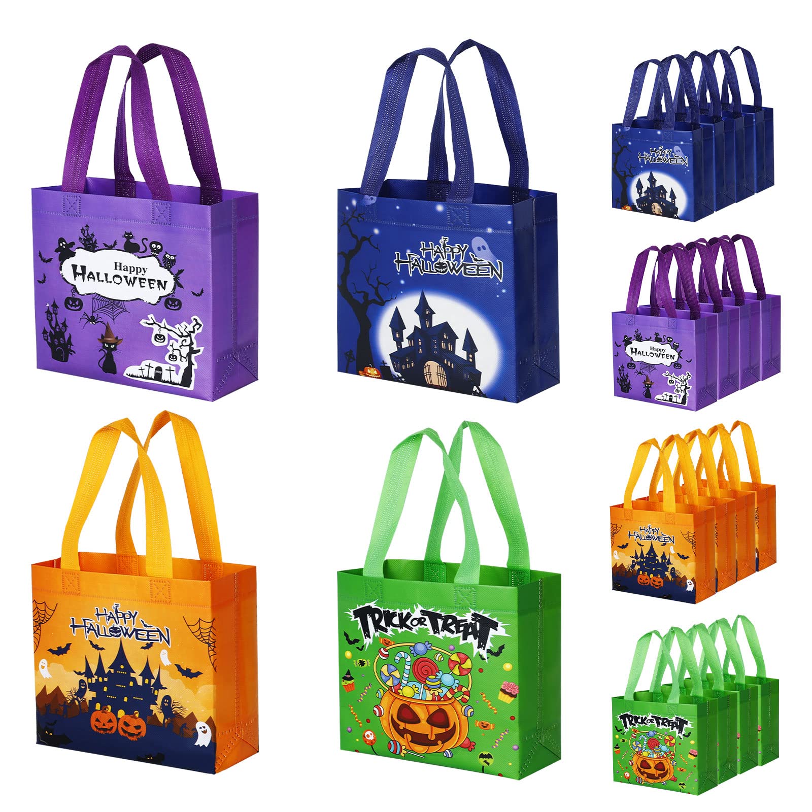 16 Pack Reusable Halloween Trick or Treat Bags with Handles - Cute Halloween Party Favor Bags for Kids, Candy Collection & Gift Giving - Perfect for Trick-or-Treating, Classroom Parties & Halloween Events