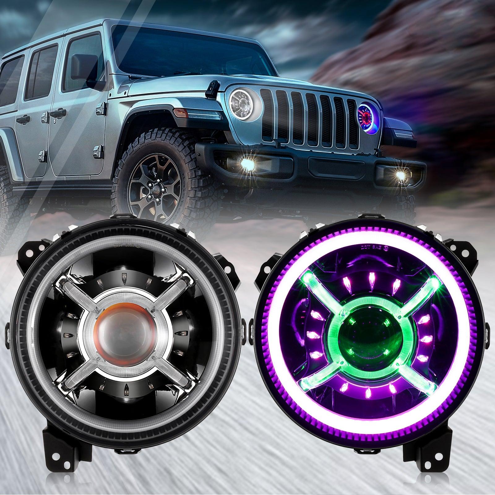 2-Pack 9 Inch RGB LED Headlights with Bluetooth Control for Jeep Wrangler JL JLU Sport Rubicon Sahara Gladiator JT (2019-2020) - DRL Included - Upgrade Your Off-Road Adventure Lighting