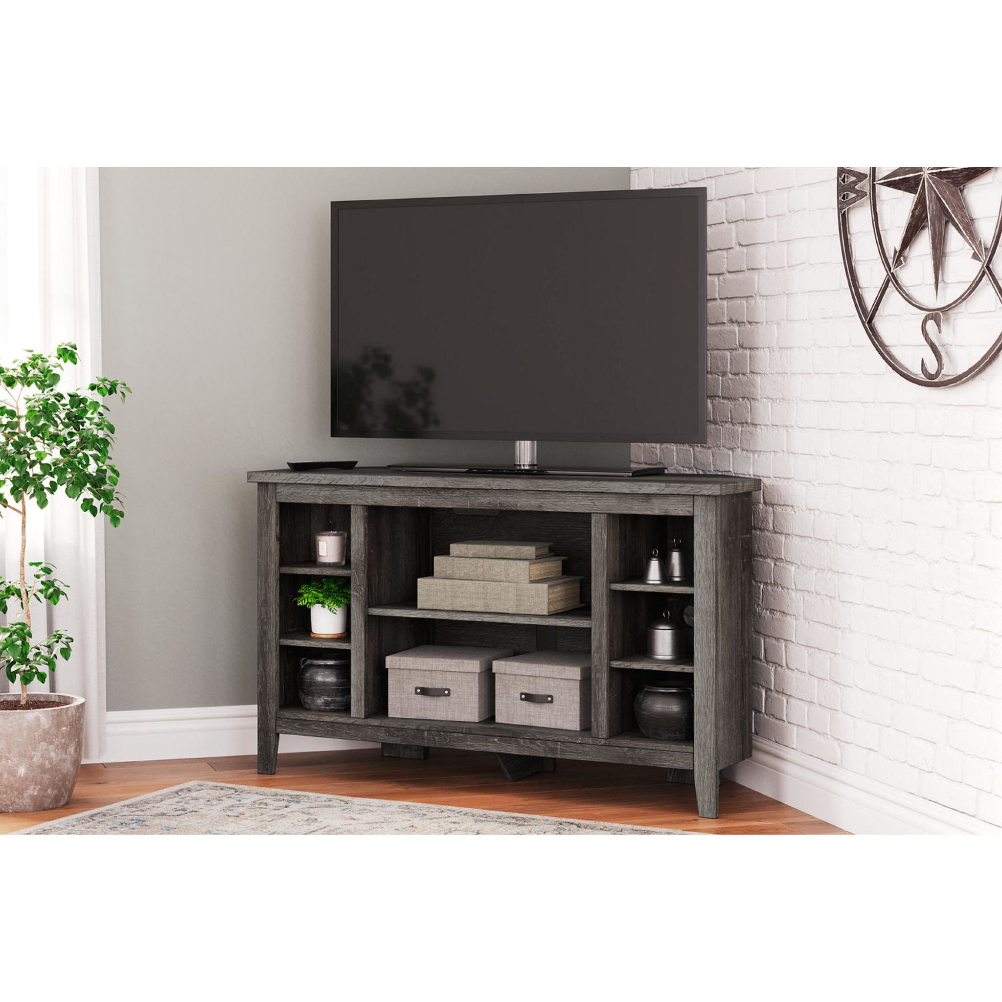Arlenbry Corner TV Stand in Gray - Modern Space-Saving Entertainment Center for Living Room & Bedroom