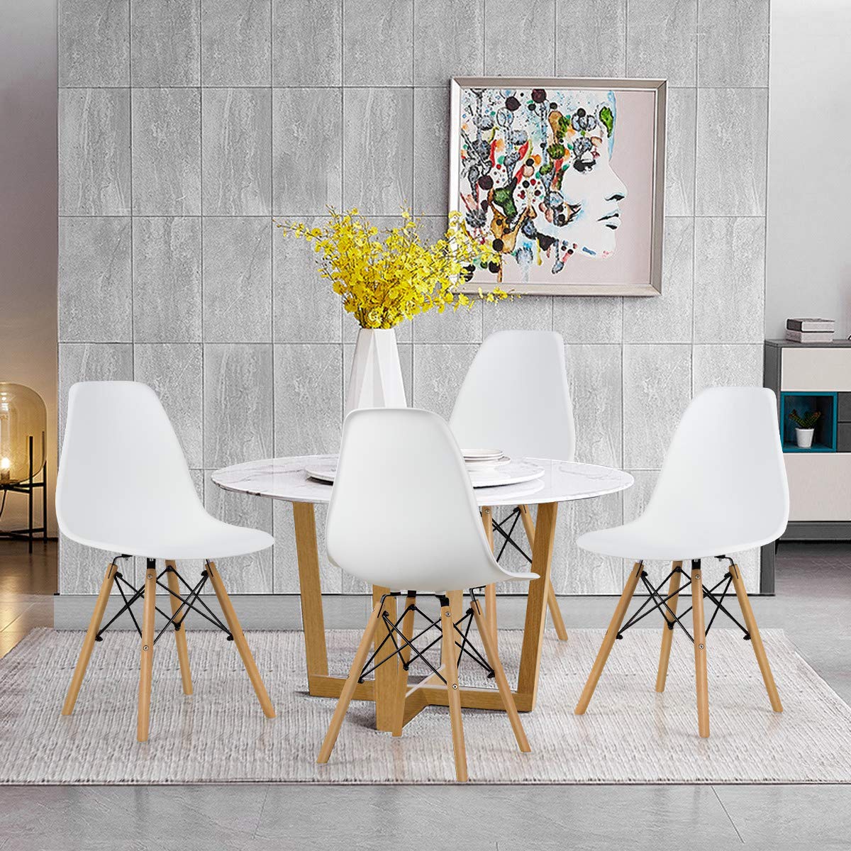 GOFLAME DSW Dining Chairs Set of 4 - Modern Plastic Shell Chairs with Wooden Legs, Armless Eiffel Style Side Chairs with Ergonomic Backrest - Perfect for Kitchen, Dining Room, Living Room & Bedroom - White